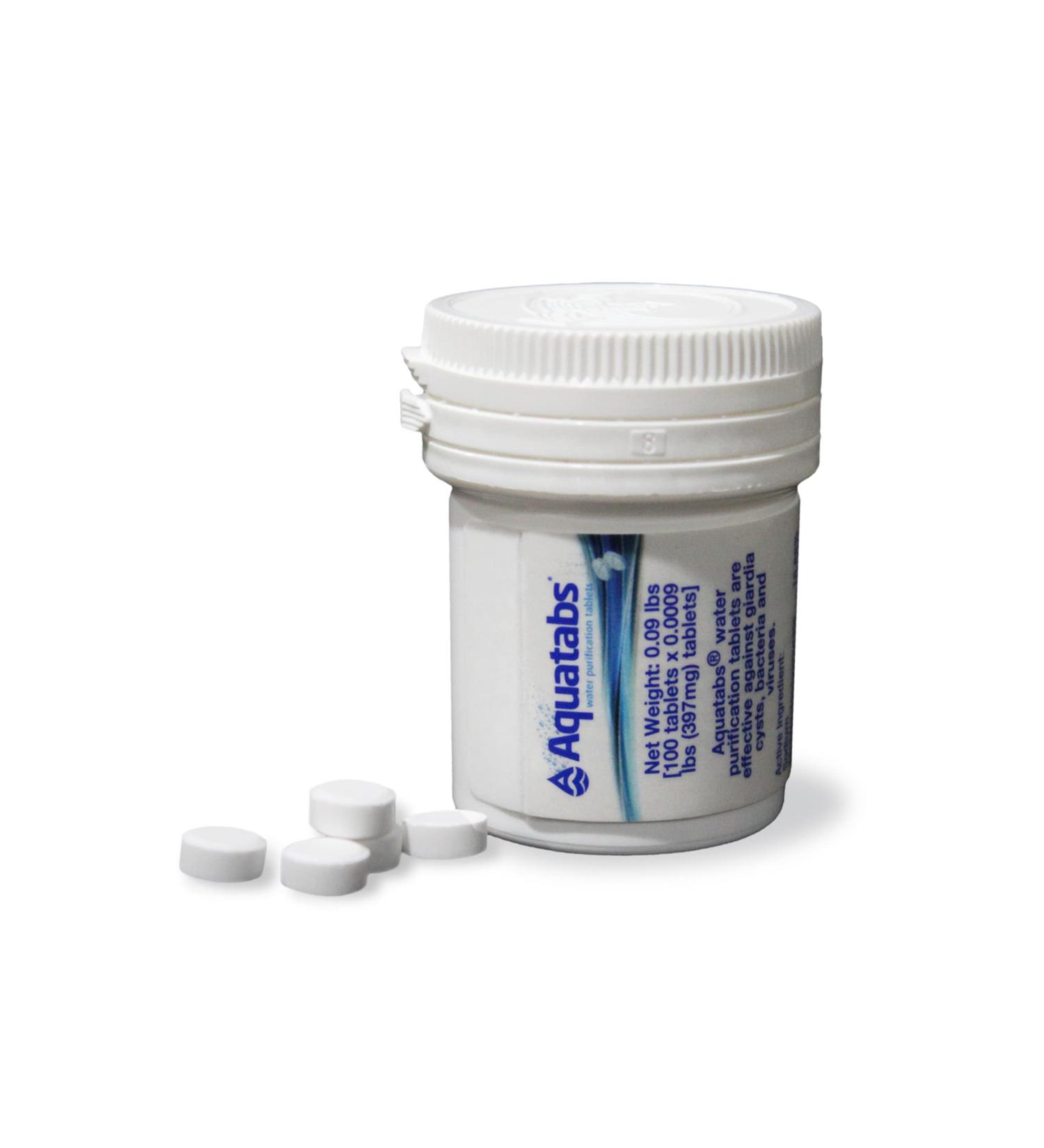Aquatabs 397mg Water Purification Tablets (100 Pack) for Camping, Boating, Emergencies. Easy-to-Use Water Treatment for Survival, RVs, and Marine-Use - Buy Online on GoSupps.com