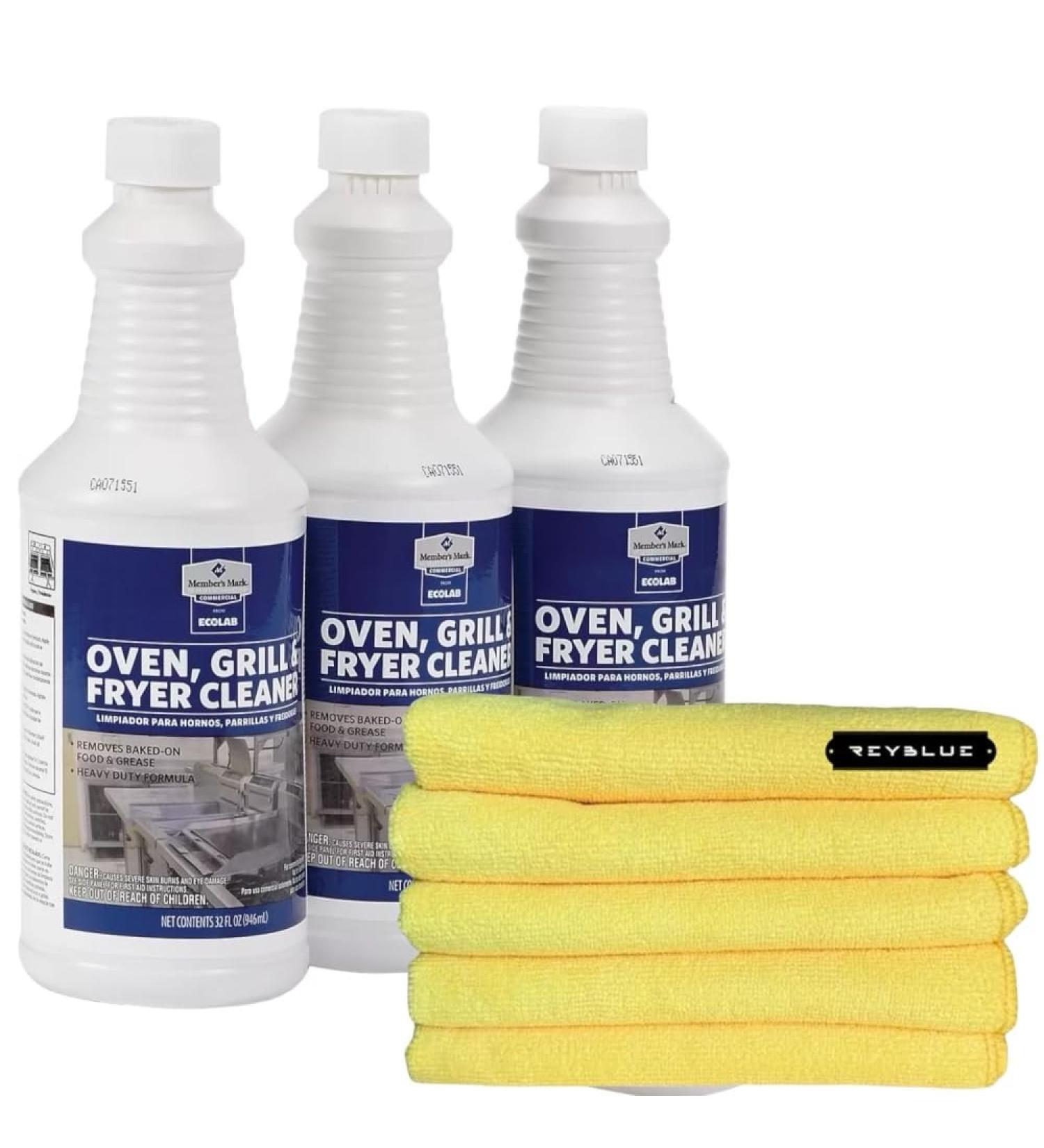 Commercial Oven Grill & Fryer Cleaner 32 oz - 3 Pack | Includes ReyBlue 5-Pack Premium Microfiber Cloths - Ultimate Kitchen Cleaning Solution - Buy Online on GoSupps.com