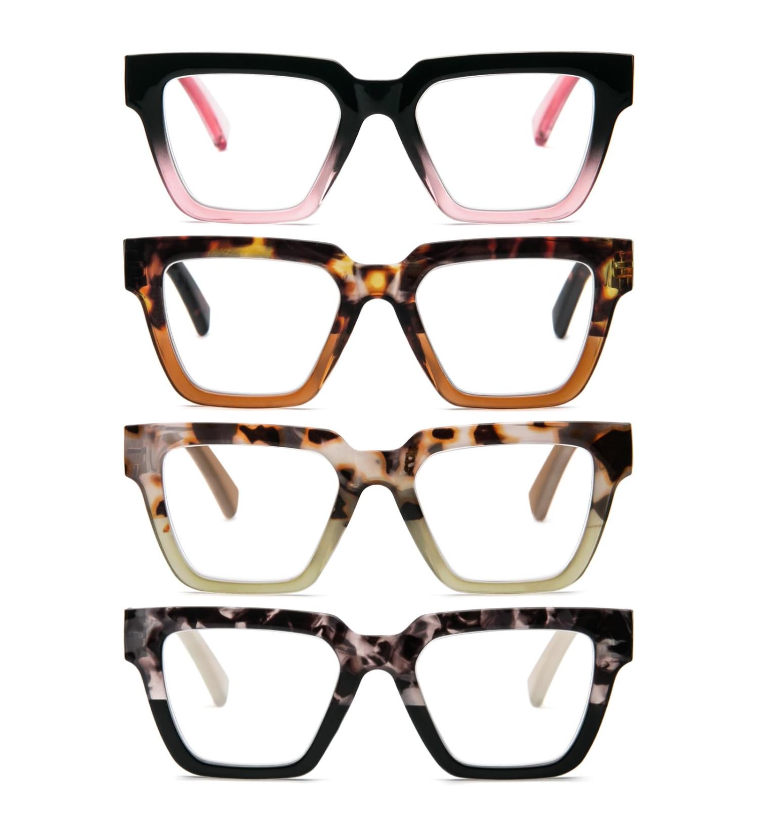 Shop Modern Square Reading Glasses 4 Pack - Oversized Blue Light Blocking Eyewear for Eyestrain Relief | Black Pink Brown Green & Grey Tortoiseshell - 1.5x Magnification - Buy Online on GoSupps.com