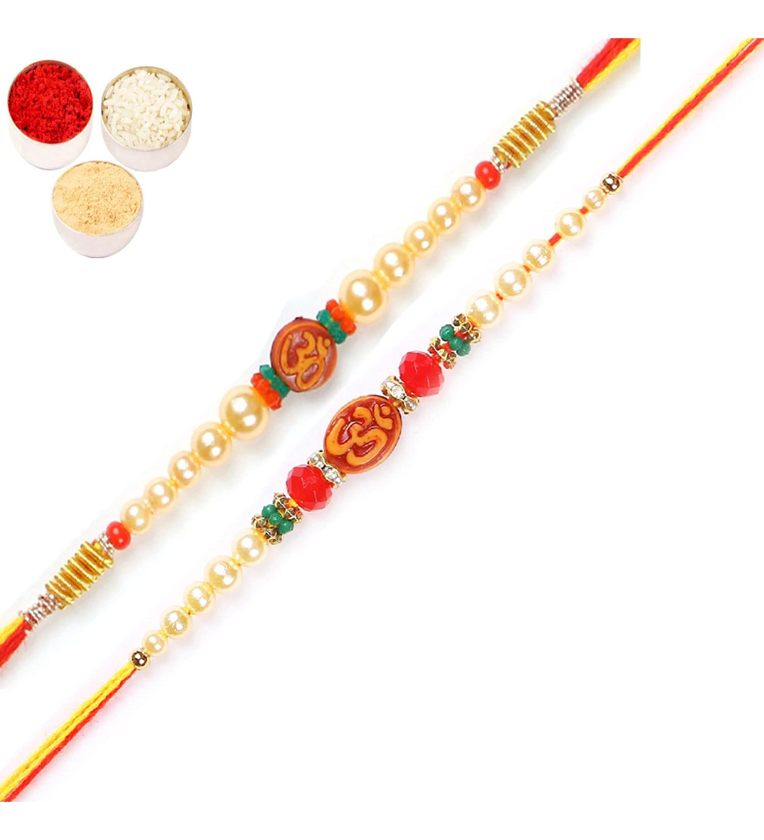 Ghasitaram Gifts Rakhi for Brother Rakhis Online - Set of 2 6135 6276 Om Pearl Rakhi Threads - Buy Online on GoSupps.com