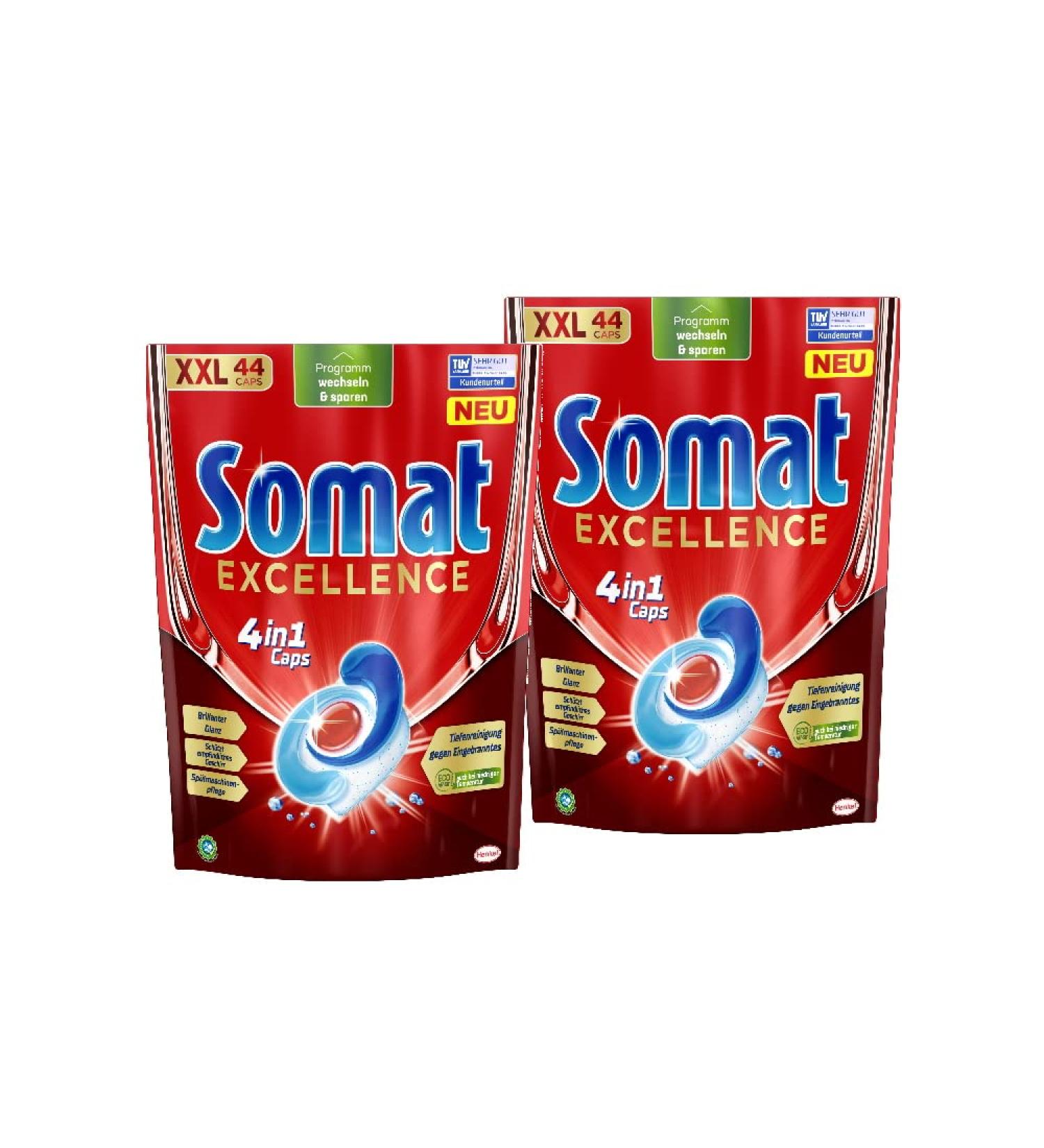 Somat Excellence 4-in-1 Caps (2 x 44 Caps) Quick-Dissolving Dishwasher Tablets Somat Caps for Excellent Cleaning and Shine even in the Eco Program and at Low Temperatures 44 Count (Pack of 2) - Buy Online on GoSupps.com