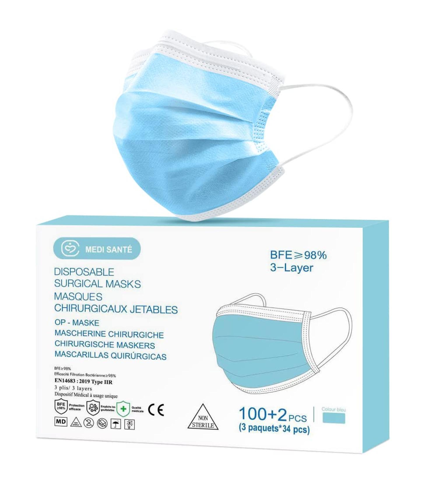 Medi Sant 102 x Type IIR Medical Masks - EN14683 BFE 98% - Blue Disposable Respirator for Mouth & Nose Protection - Buy Online on GoSupps.com