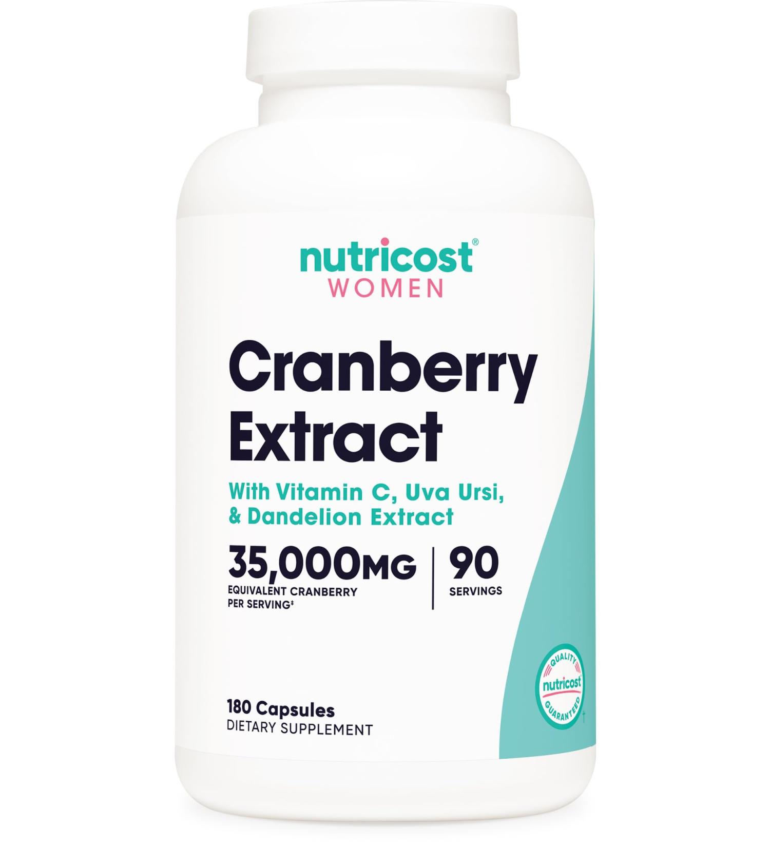 Nutricost Cranberry Extract for Women (35 000mg Equivalent) 180 Capsules - with Vitamin C Uva Ursi & Dandelion Root Extract - Non-GMO & Gluten Free Health Supplement - Buy Online on GoSupps.com