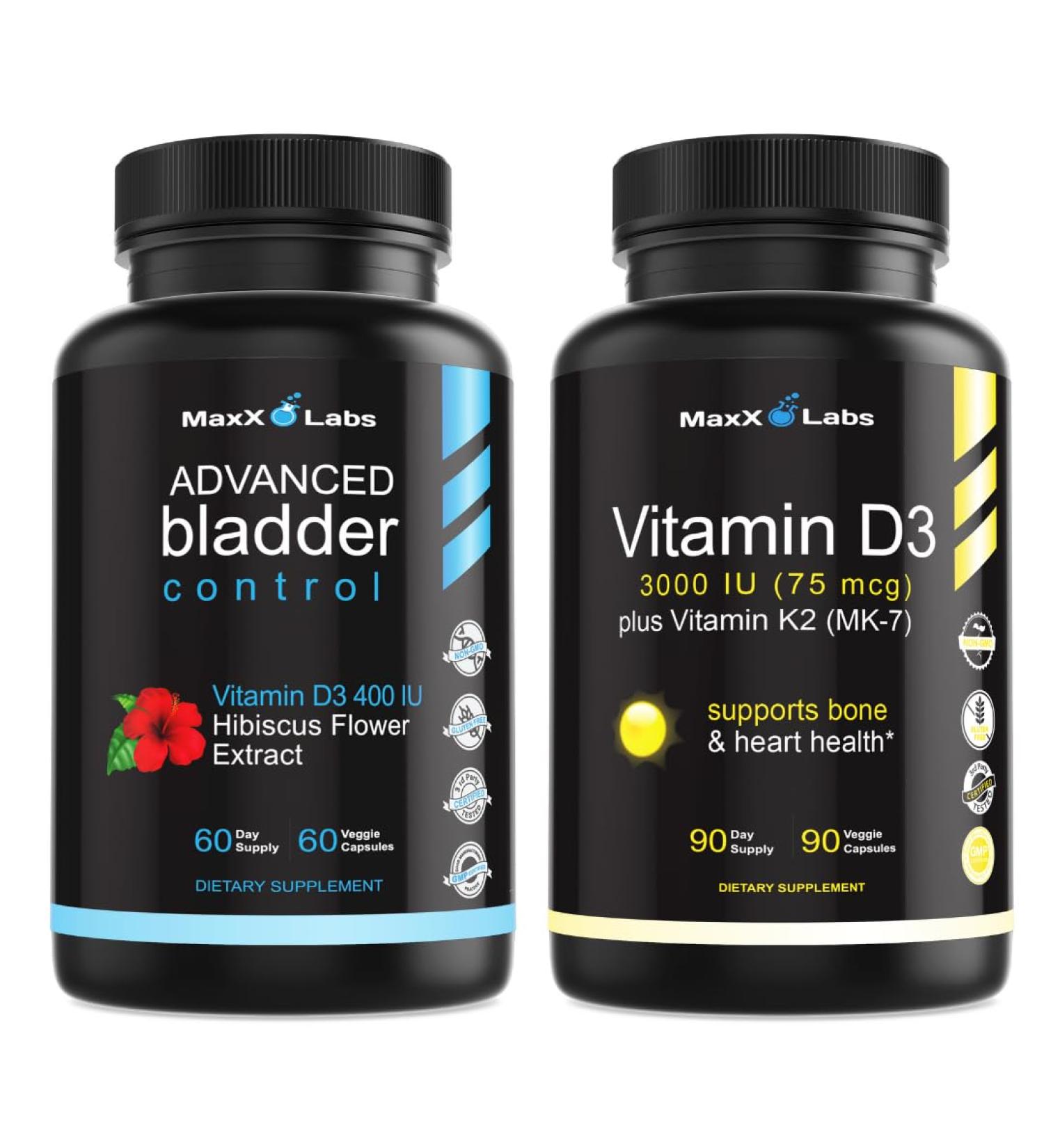MaxX Labs Advanced Bladder Control Supplements for Women & Men 60Ct + Vitamin D3 K2 3000 IU with Vitamin K as MK-7 from Natto Support Healthy Bones Teeth Heart & Immune Function 90Ct - Buy Online on GoSupps.com