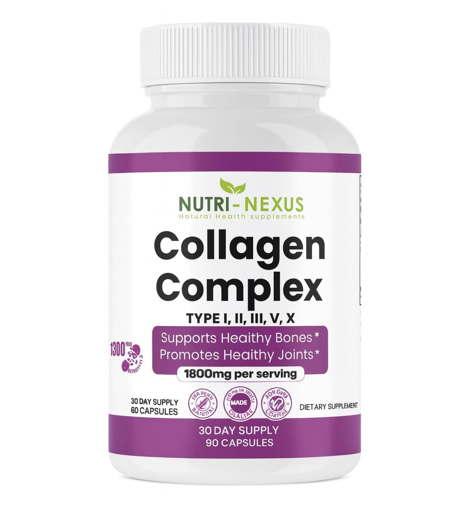 NUTRI-NEXUS Multi Collagen Peptides Types I II III V & X Hydrolyzed Bovine Collagen Capsules -Supports Skin Hair & Nail Wellness Collagen Supplement for Women & Men - Buy Online on GoSupps.com
