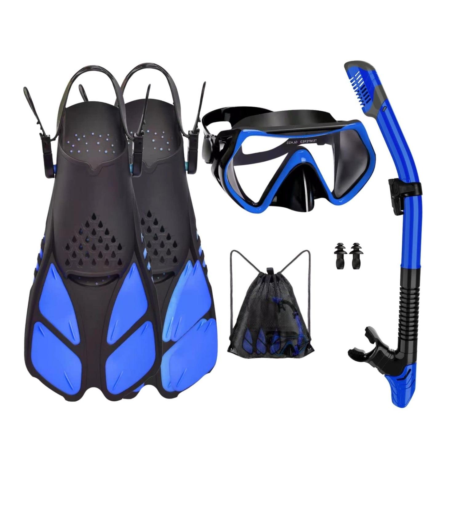 5-in-1 Professional Snorkeling Gear Set - Blue, L/XL Size (Adults 9-13) | Mask Fins Snorkel for Scuba Diving, Swimming - Anti-Fog Tempered Glass - Buy Online on GoSupps.com