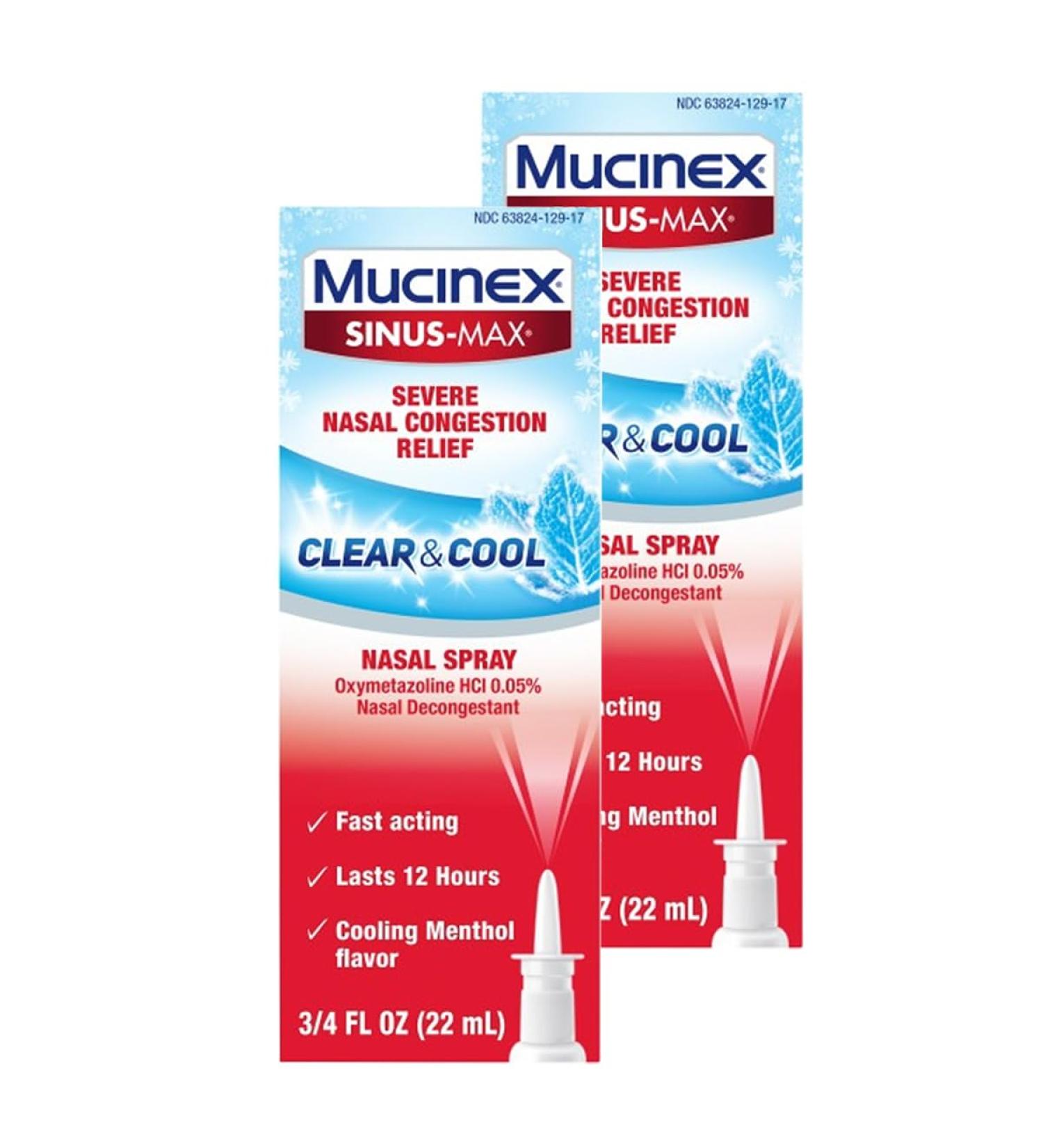 Mucinex Sinus-Max Severe Congestion Relief Clear & Cool Nasal Decongestant Spray- Fast Acting Relief For Sinus Pressure With Cooling Menthol & Oxymetazoline 0.75 oz. (Pack of 2) Packaging May Vary - Buy Online on GoSupps.com
