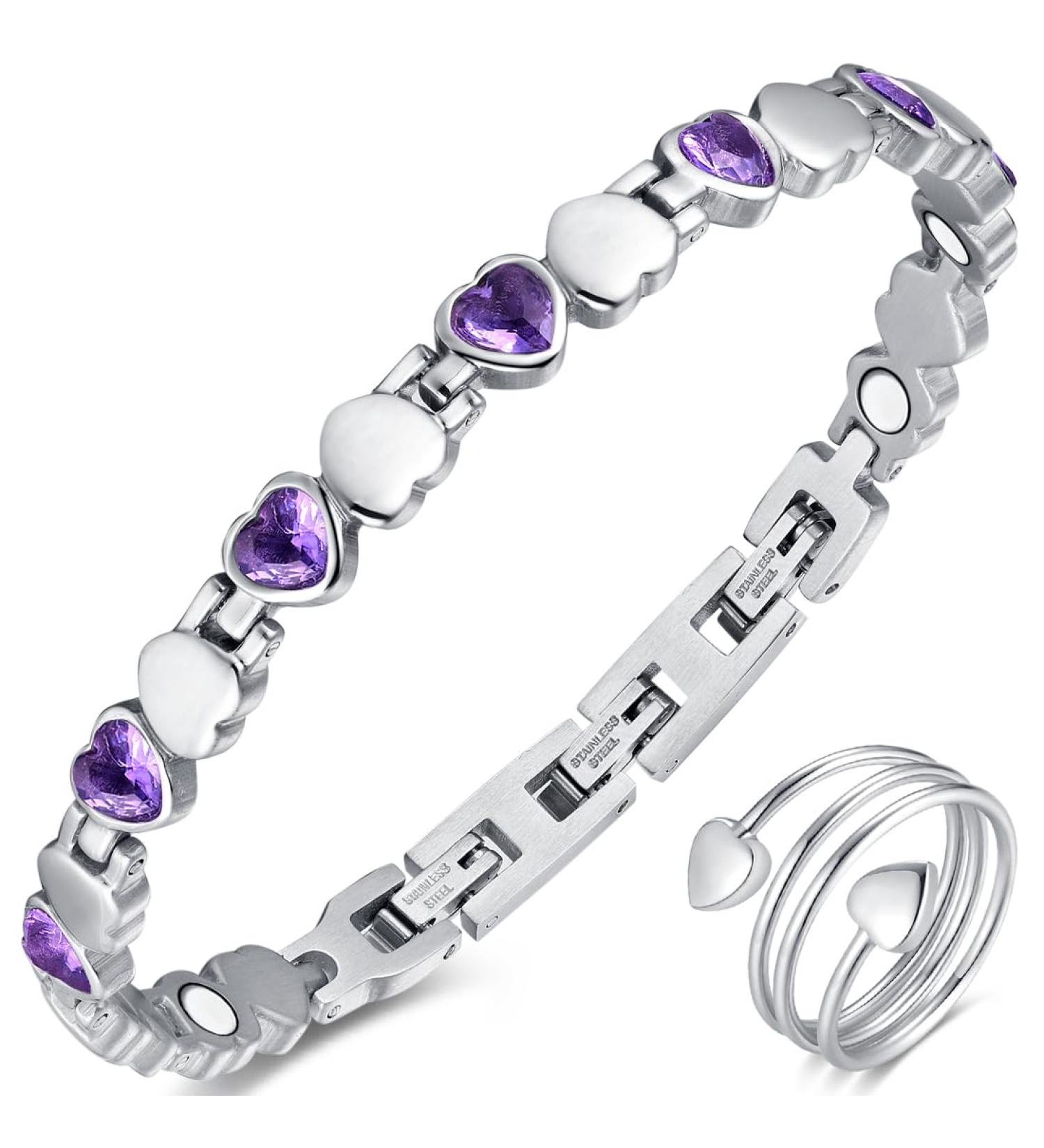 Vicmag Magnetic Hardship Women's Titanium Steel Bracelet - Ultra-Strength with Distance Tool (Purple Crystal & Solid Heart) - Perfect Gift for Her - Buy Online on GoSupps.com