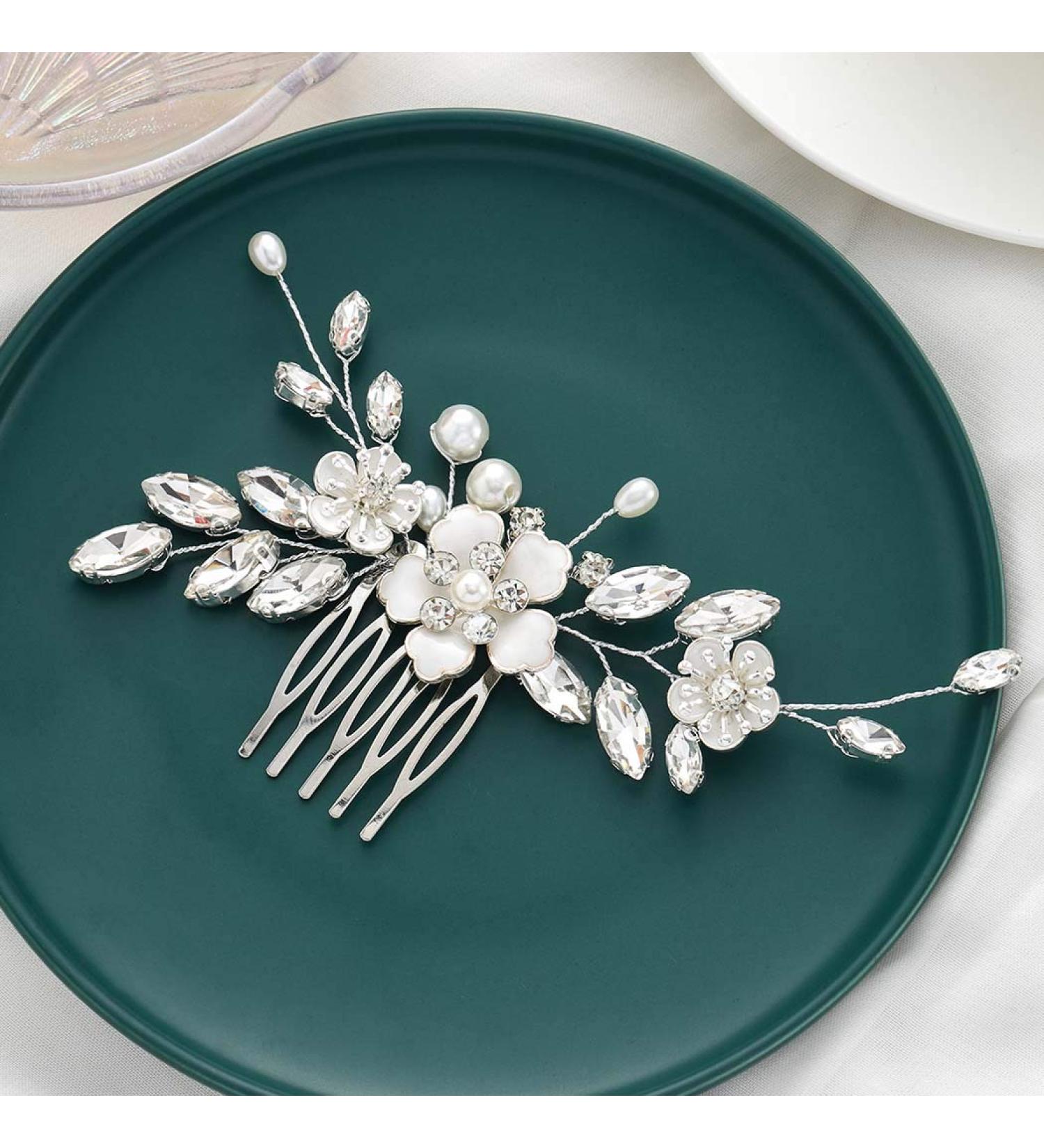 Bridal Hair Comb Silver Flower Wedding Hairpiece Crystal Side Combs for Women - A-Silver - Buy Online on GoSupps.com