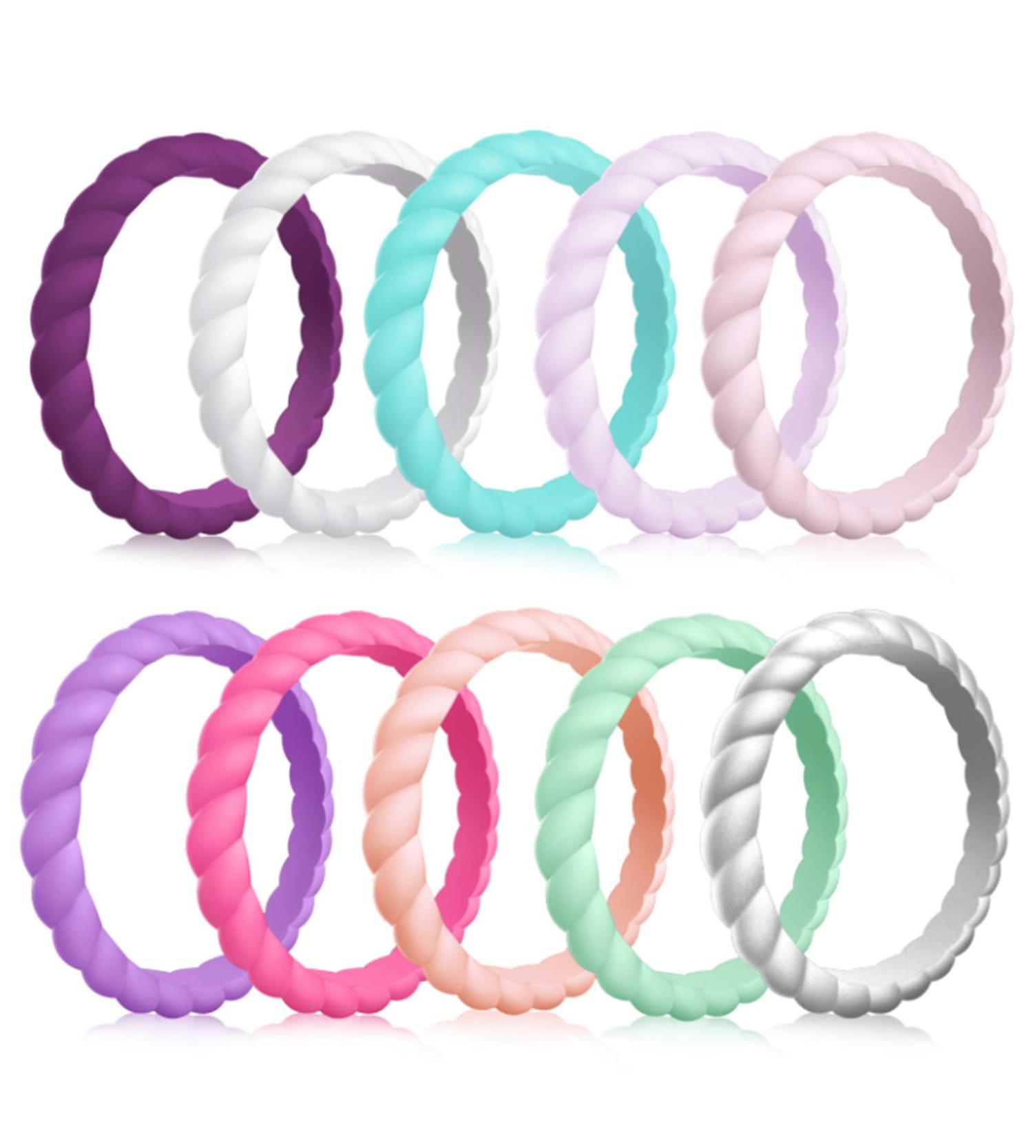 Forthee 10 Pack Silicone Wedding Rings for Women - Thin, Braided, and Colorful Rubber Bands | Skin Safe, Comfortable Fit - Lavender, Dark Purple, White, Sky Blue, Pink, Purple, Rose Red, Pink Gold, Light Mint Green, Silver - Size 6 (16.5mm) - Buy Online on GoSupps.com