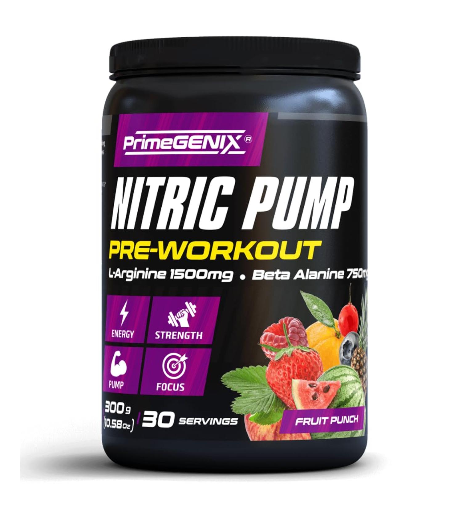 PrimeGENIX Nitric Pump Pre Workout Powder for Men & Women 30 Servings Fruit Punch, No Bloating Formula with Dicreatine Malate, Arginine AKG, Beta-Alanine & B-Vitamins for Energy, Strength & Focus