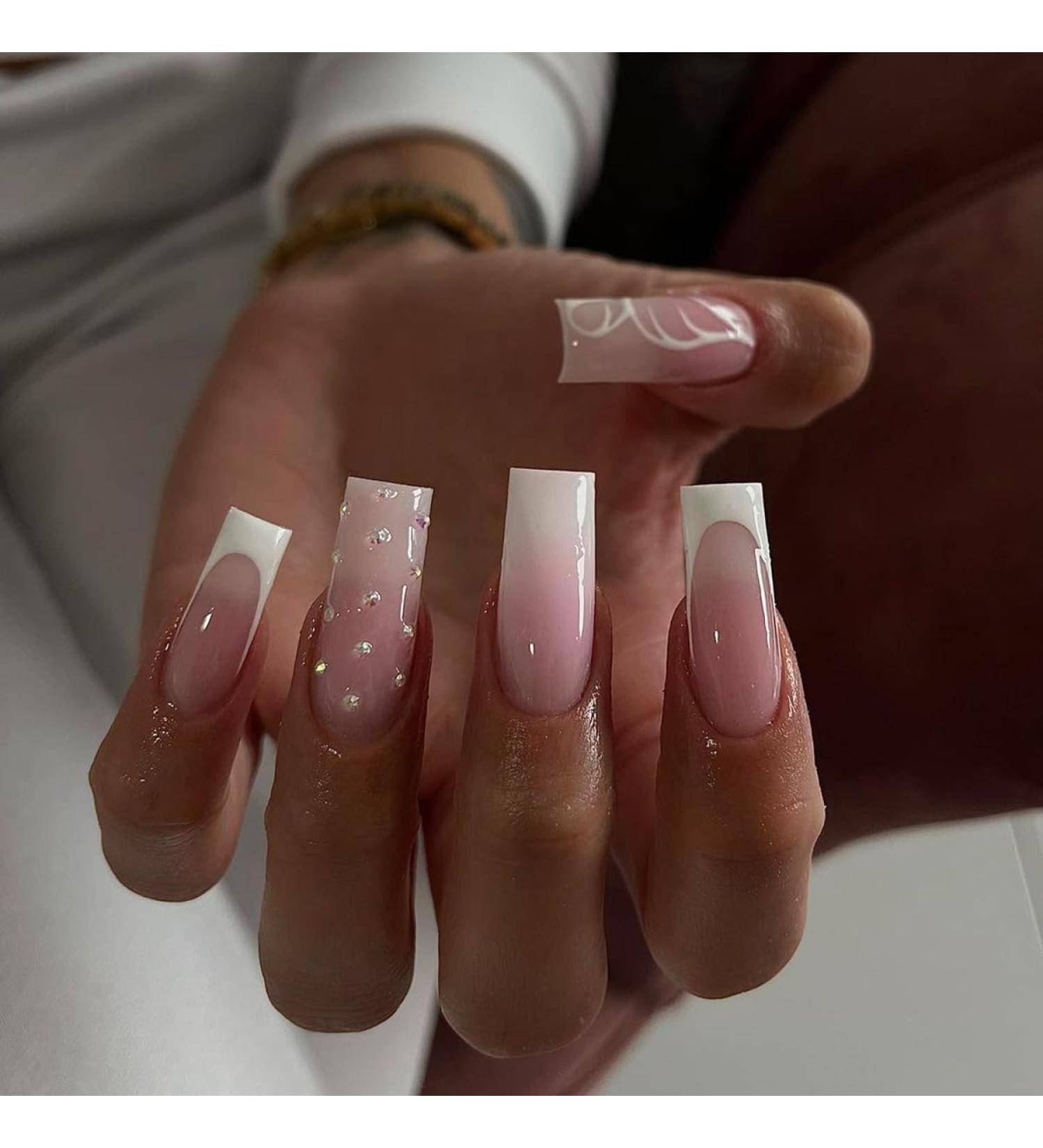 Mouyouglow Press-On Nails | Ombre Pink White French 3D Rhinestones & Butterfly Print | Long Square Fake Nails with Glue | Pink Artificial Fingernails W8 - Shop Internationally! - Buy Online on GoSupps.com