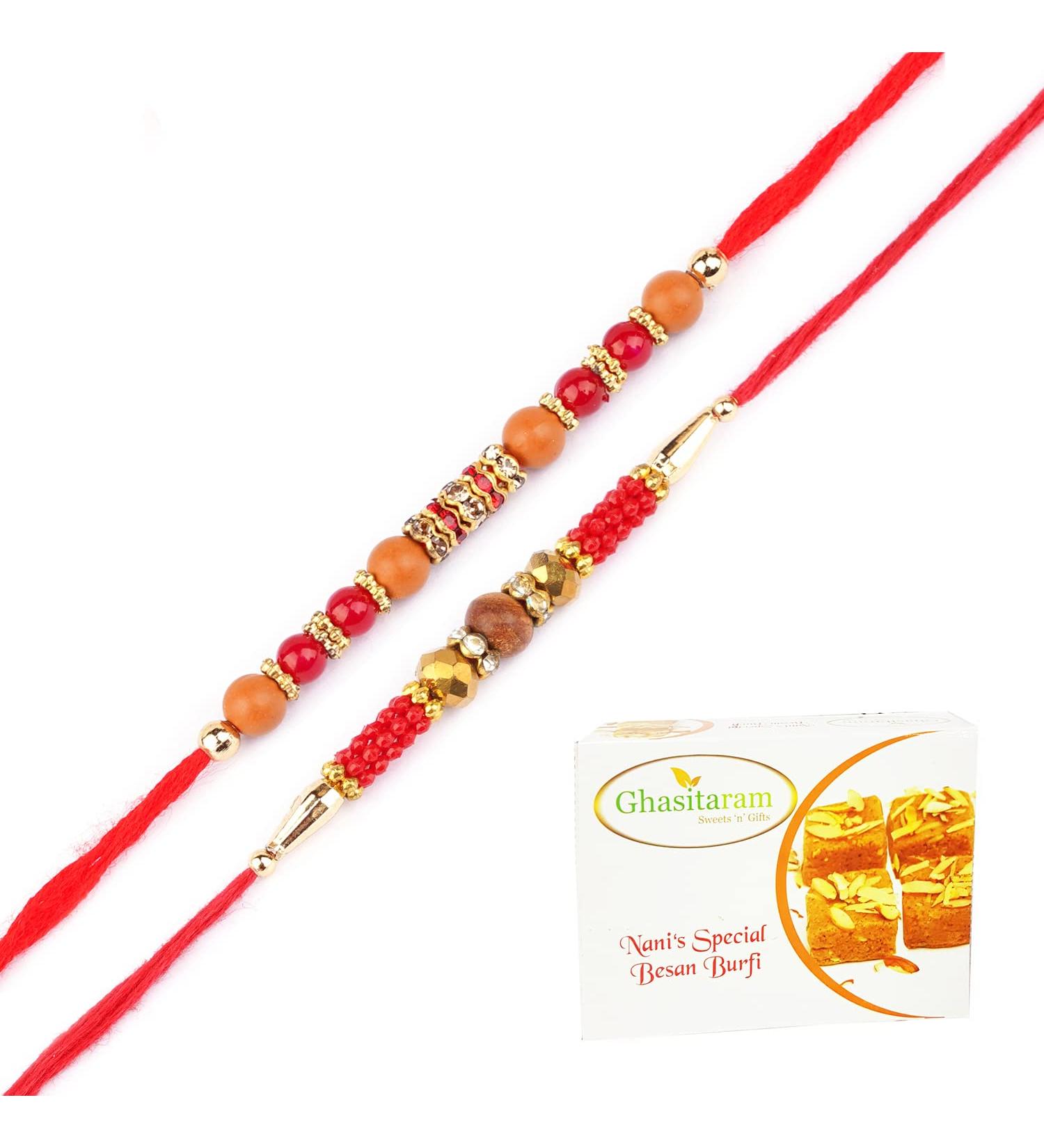 Ghasitaram Gifts Rakhi for Brother Rakhis Online - Set of 2- Nbh-226 and 6945 Rakhi Thread with 200 GMS of Besan Barfi - Buy Online on GoSupps.com