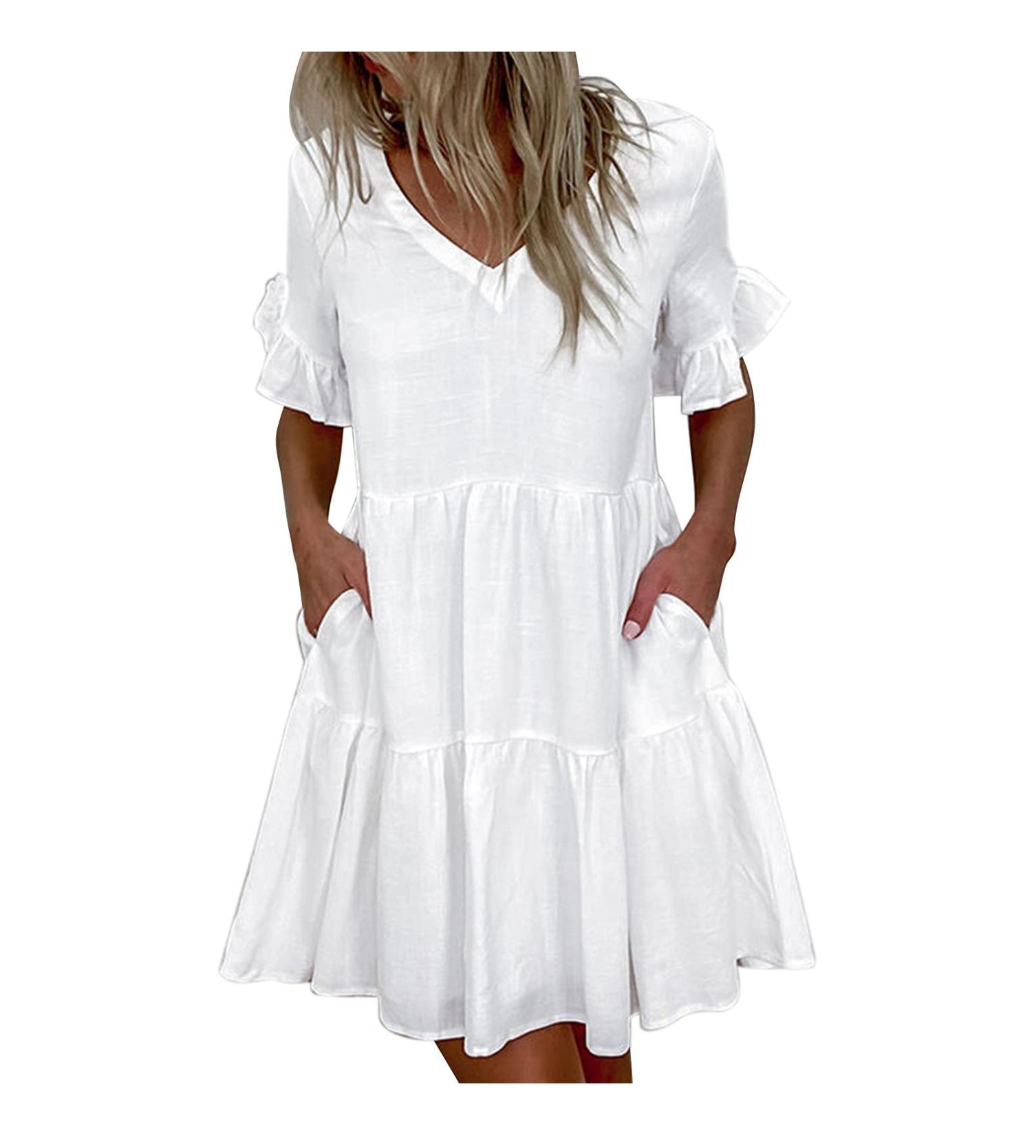 Flowy Ruffle White Mini Dress - Solid V-Neck A-Line Dress for Women | XX-Large - Buy Online on GoSupps.com