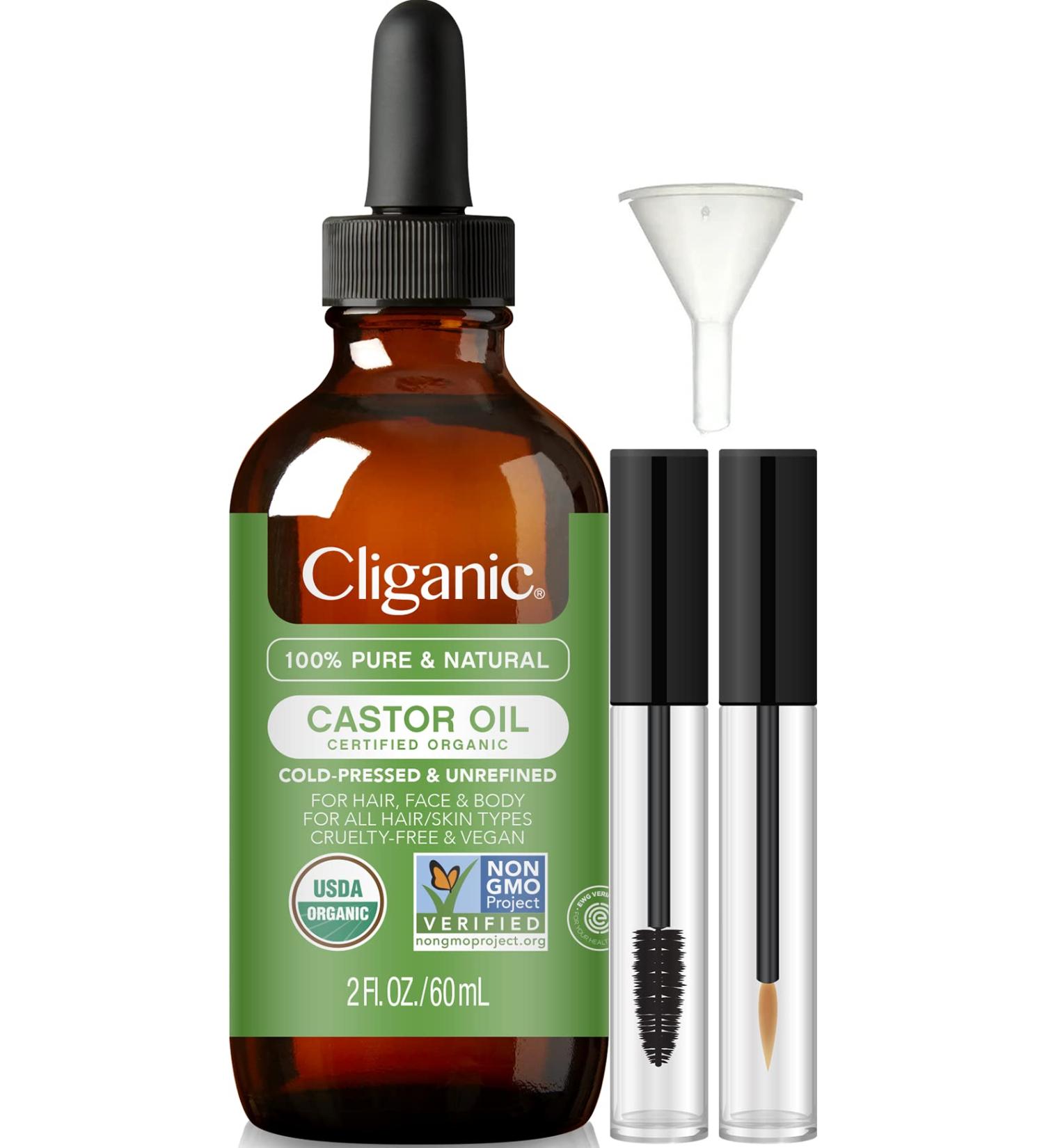 Cliganic Organic Castor Oil 100% Pure - 2oz with Eyelash Kit | For Eyelashes, Eyebrows, Hair & Skin - Buy Online on GoSupps.com