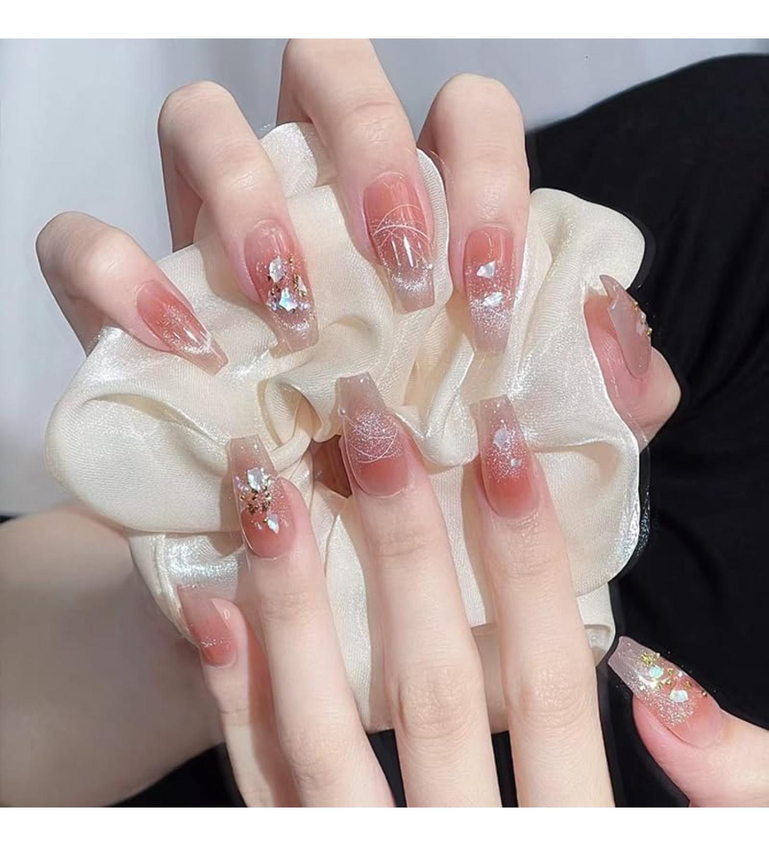 24Pcs/Set Press On Nails Long Broken Diamond Cat Eye Powder Blusher False Nails Acrylic Fake Nails Full Cover Nails Tips Artificial Finger Manicure Press on nails for Women and Girls - Buy Online on GoSupps.com