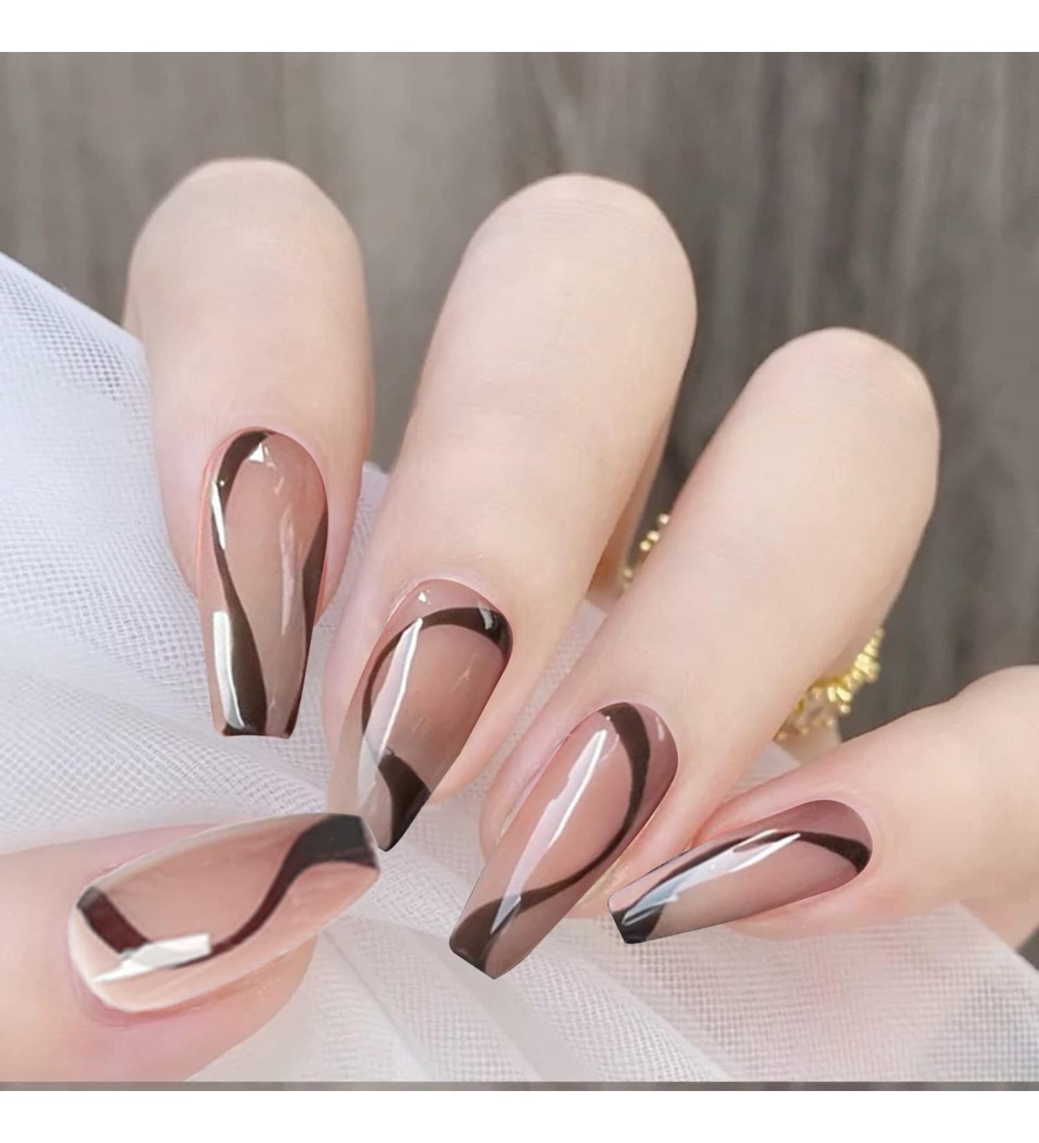 24 Pieces French False Nails Short Press on Nails Black Wavy Lines Almond Nails Fake Nail Set with Nail Adhesive Tabs Full Cover Stick on Nails for Women Girls - Buy Online on GoSupps.com