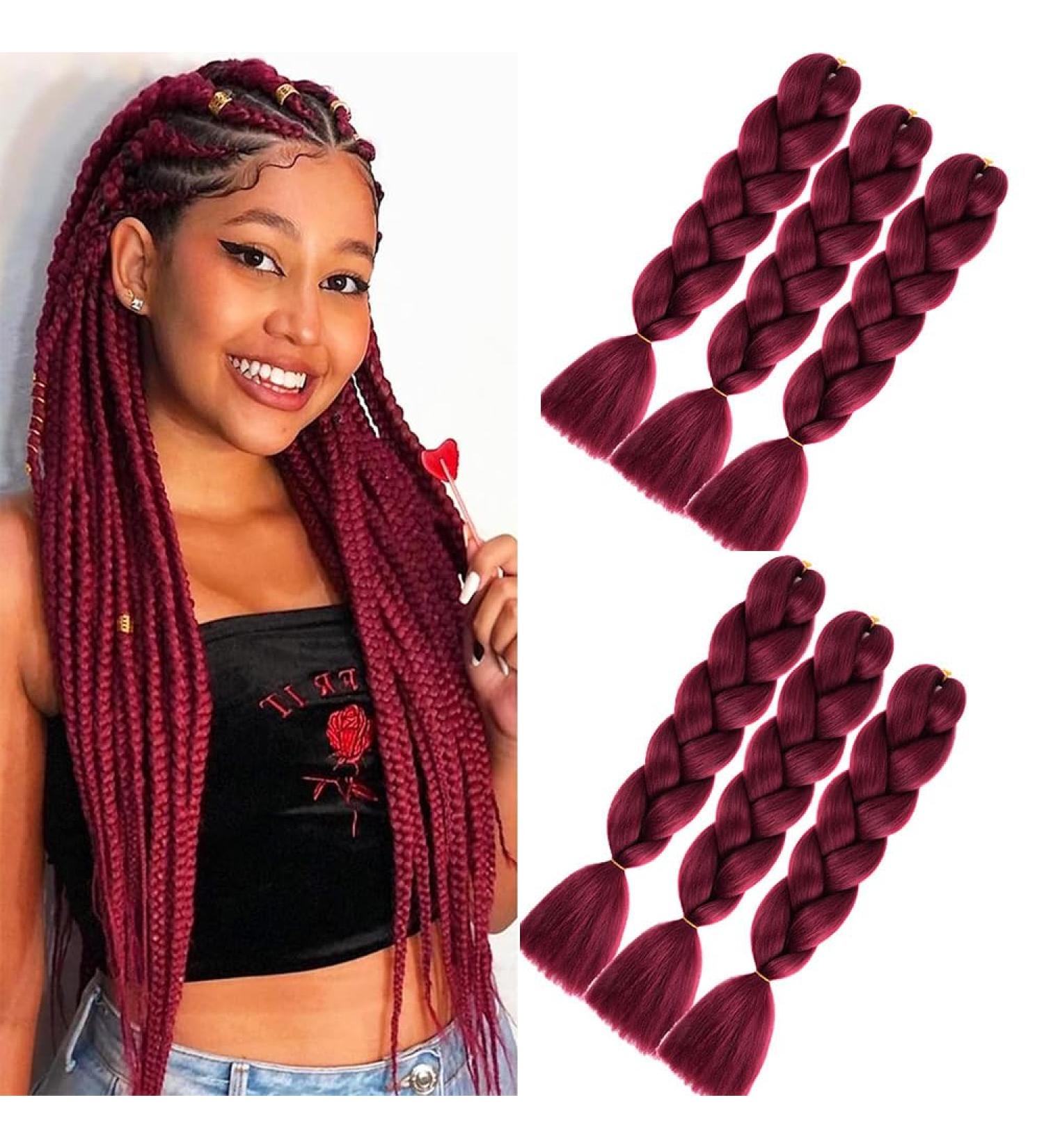 Shangxiu Kanecalon Jumbo Braid Hair Extensions - 6Pcs 24 Synthetic Box Braids in Wine Red | International Shipping - Buy Online on GoSupps.com