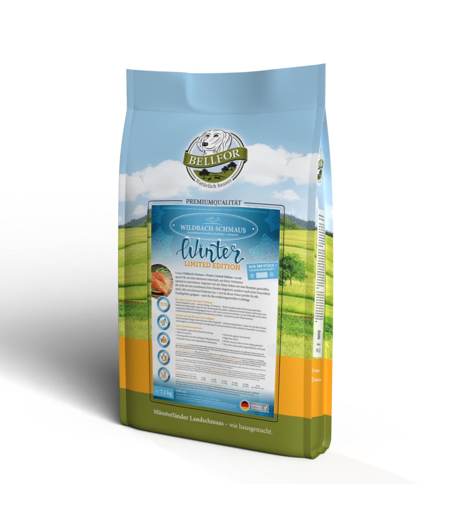 Wildbach-Schmaus Winter Limited Edition - Grain-free dry food with salmon and trout for energy and protection during the cold season, 7.5 kg