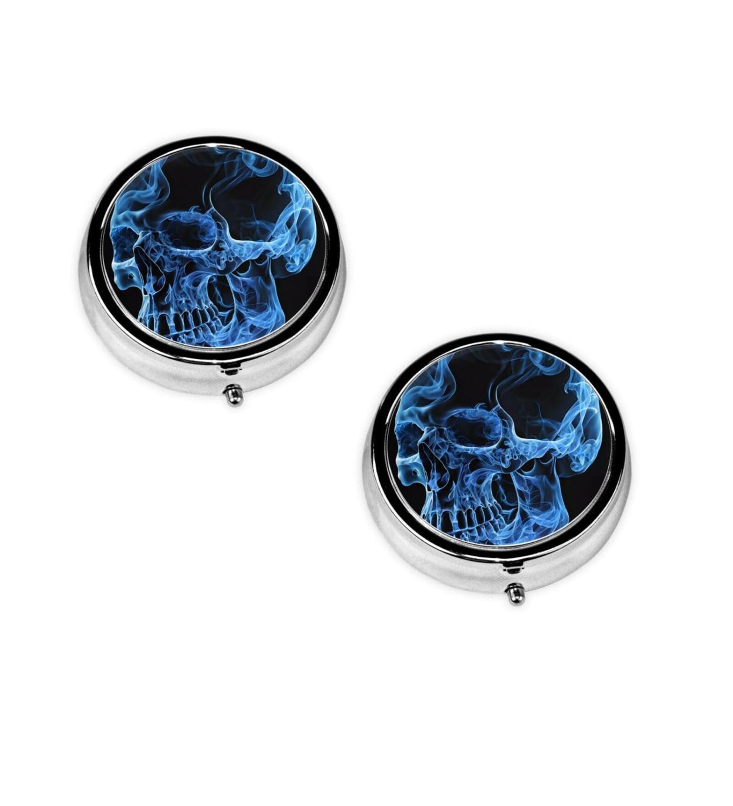 Blue Skull Round Pill Box | 3 Compartment Portable Travel Medicine Organizer | Mini Decorative Pill Case in Black - Buy Online on GoSupps.com