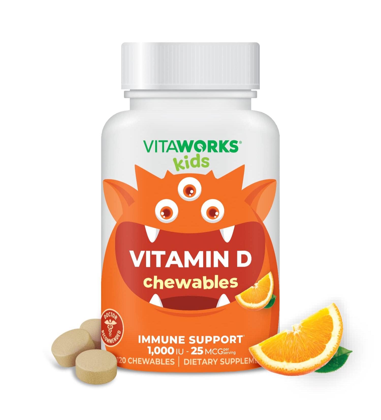 VitaWorks Kids Vitamin D 1000 IU Chewables - Orange Flavor - Vegan & Gluten-Free - 120 Count - Buy Online on GoSupps.com