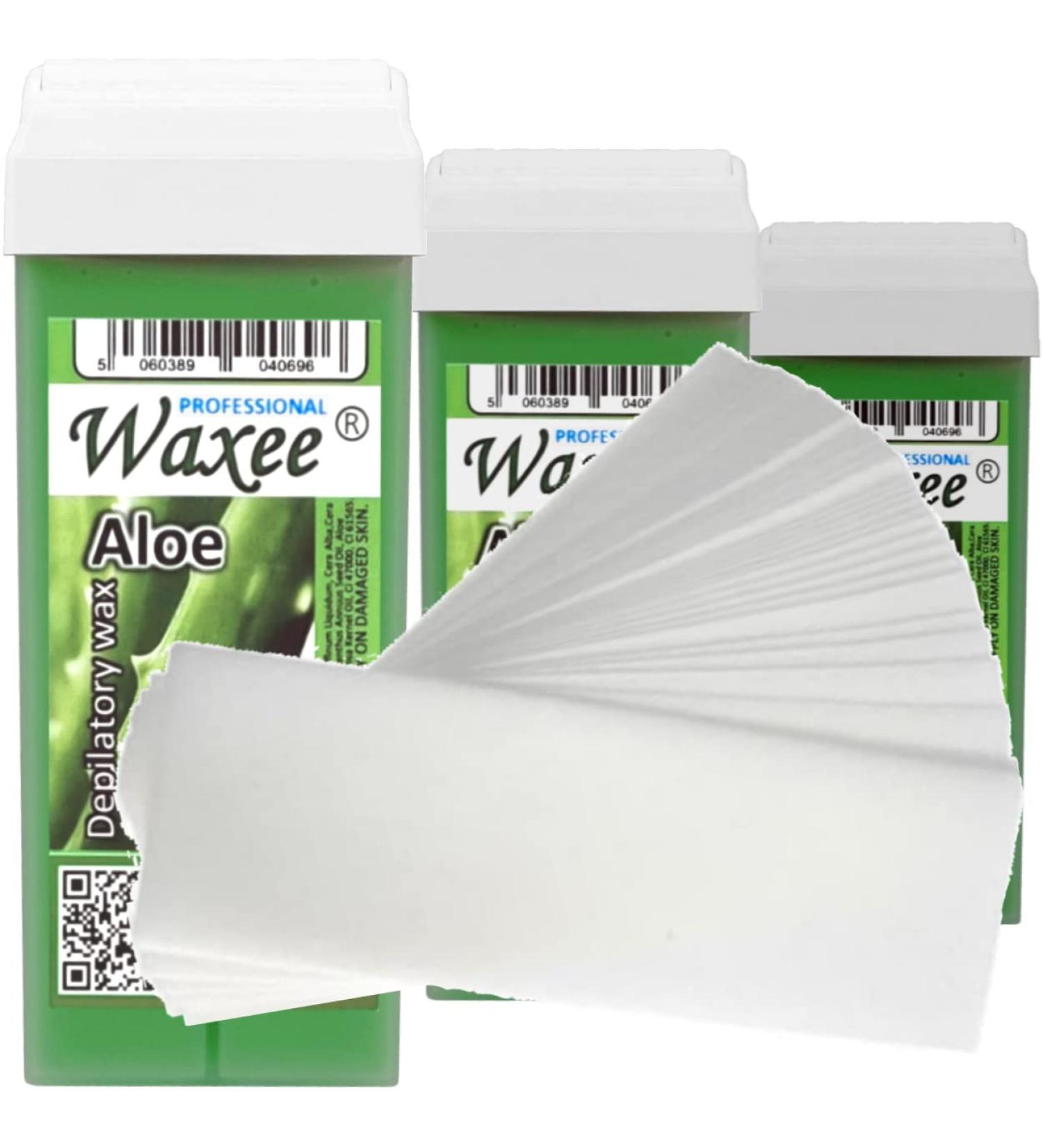 3 x 100ml roll on roller wax cartridge and 50 waxing strips Waxee (Wide roller (legs & body) Aloe)