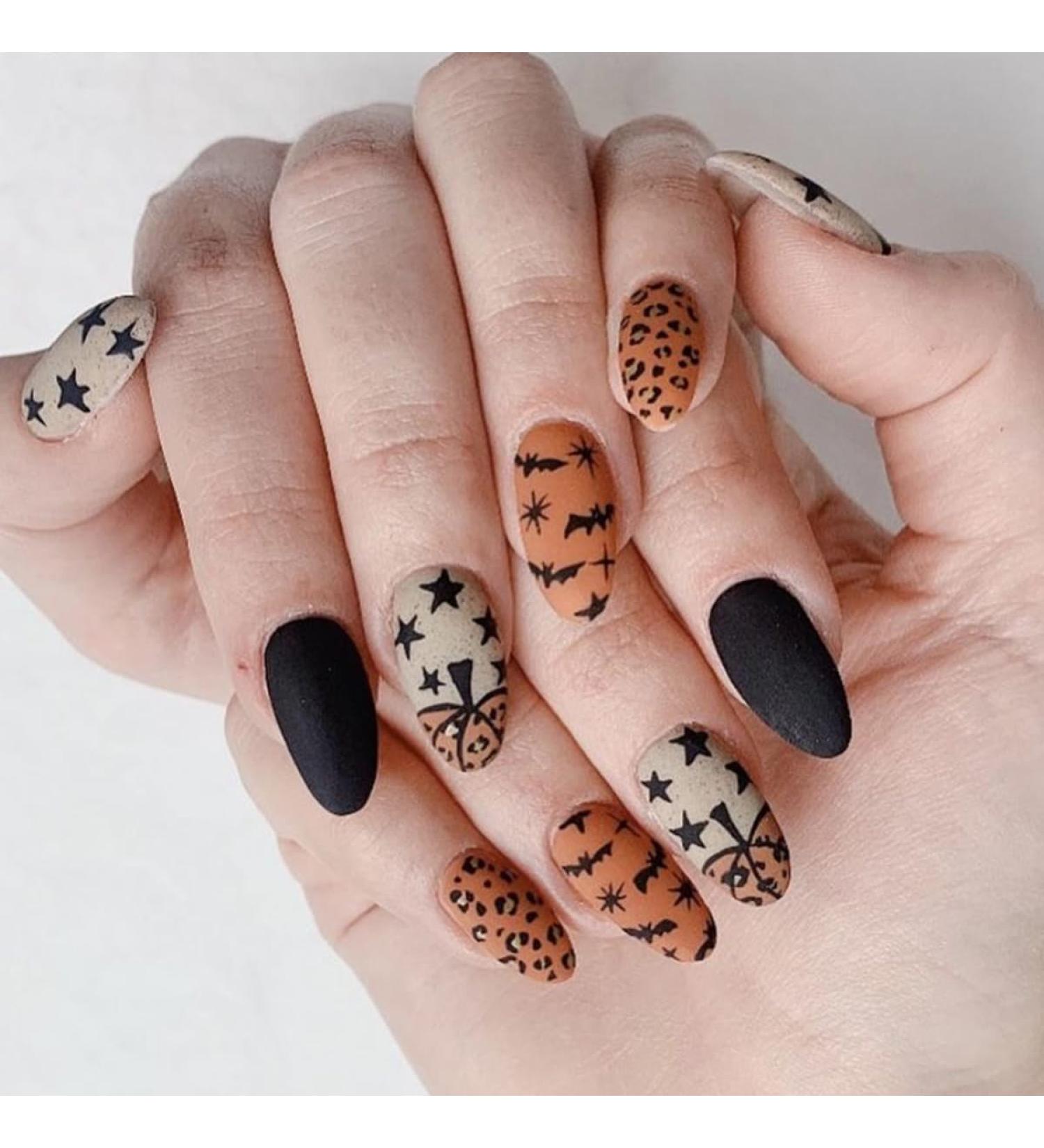 24Pcs Halloween Press On Nails - Short Almond Frosted Orange with Bat & Pumpkin Design | YEFIUO French Nail Art Tip - Full Cover Acrylic False Nails - Buy Online on GoSupps.com