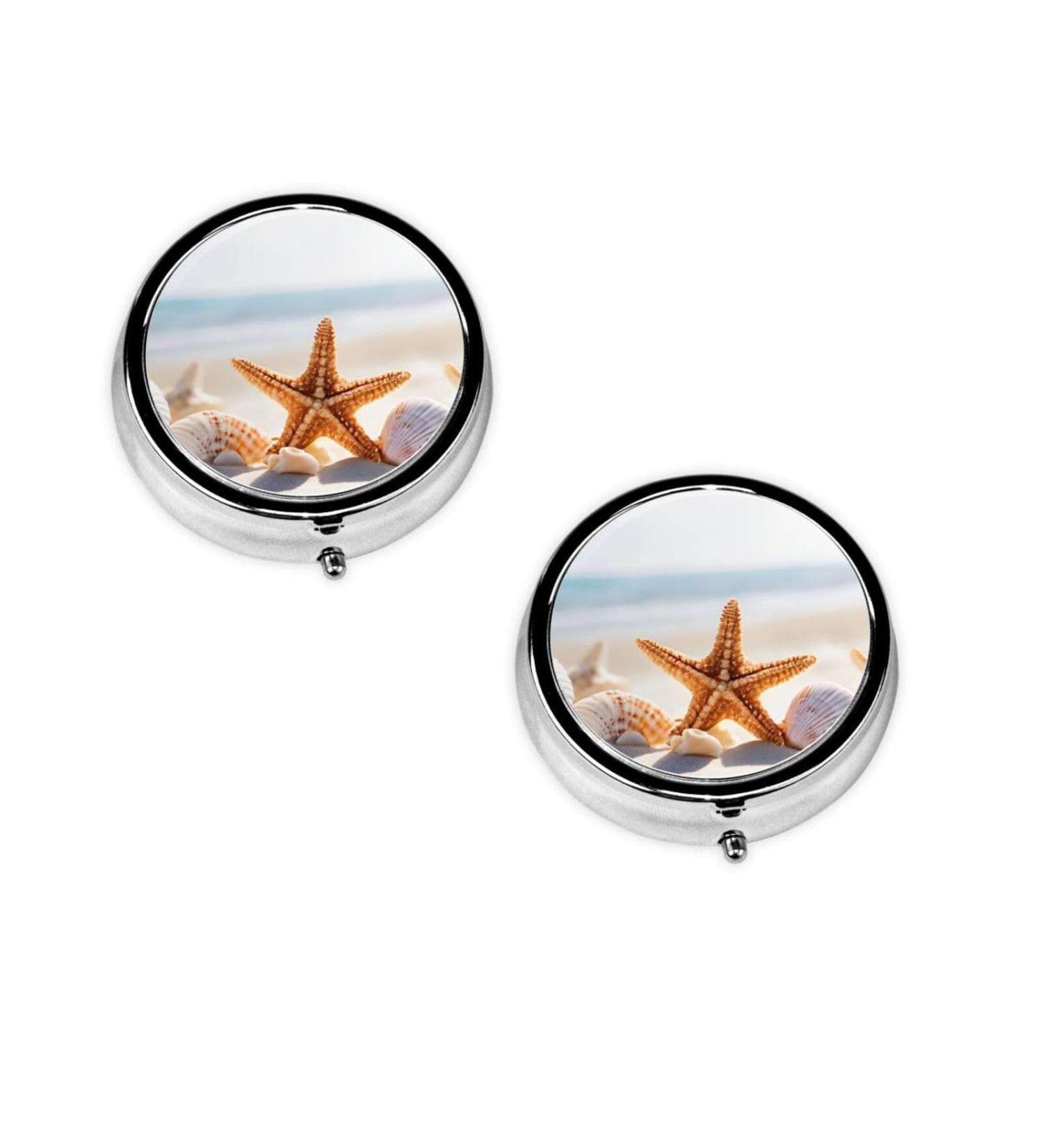 Beach Theme Round Pill Box - 3 Compartment Portable Travel Organizer | Mini Decorative Pocket Medicine Holder - Buy Online on GoSupps.com