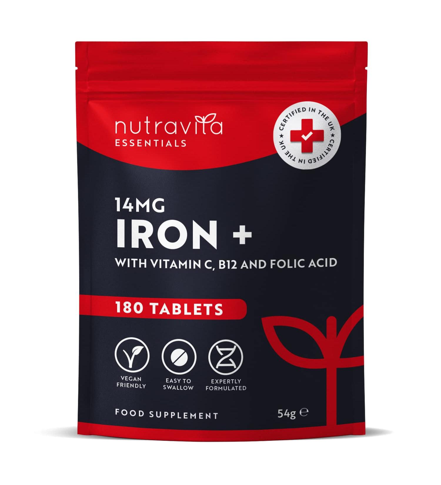 High Strength Iron Tablets 14mg - 180 Vegan Tablets, 6 Month Supply - with Vit C, B12, Folic Acid - Reduce Fatigue - Nutravita - Buy Online on GoSupps.com