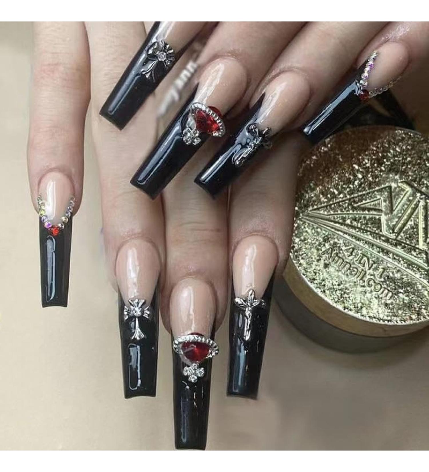 MENILITHS 24Pcs/Set Long False Nails French Black Planet Diamond False Nails Acrylic Fake Nails Full Cover Nails Tips Artificial Finger Manicure for Women and Girls - Buy Online on GoSupps.com