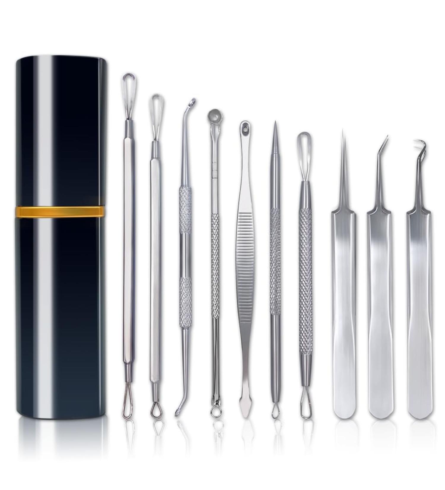 Blackhead Remover Tool And Extractor 10 Piece Pimple Popper Tool Kit for Face Nose Zit Acne Whitehead Pores Blemish Stainless Steel Facial Skin Care Kit - Buy Online on GoSupps.com