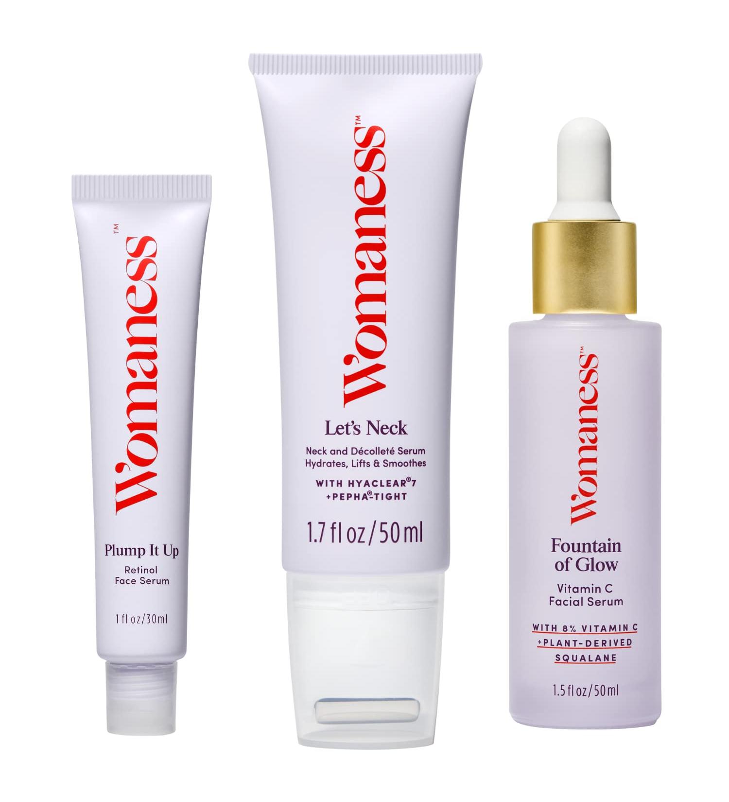 Womaness Menopause Skin Care Trio: Neck Moisturizer, Vitamin C Face Serum, Retinol Serum | 3-Piece Set for Radiant Skin - Buy Online on GoSupps.com