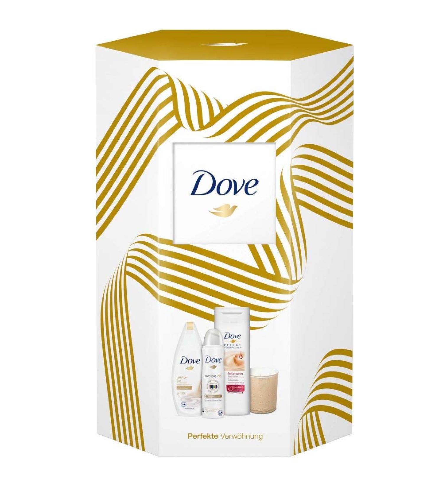 Dove Gift Set Perfect Pampering for nourished Skin with Shower Gel Deodorant Spray Body Lotion and Scented Candle (250 ml + 150 ml + 400 ml) - Buy Online on GoSupps.com