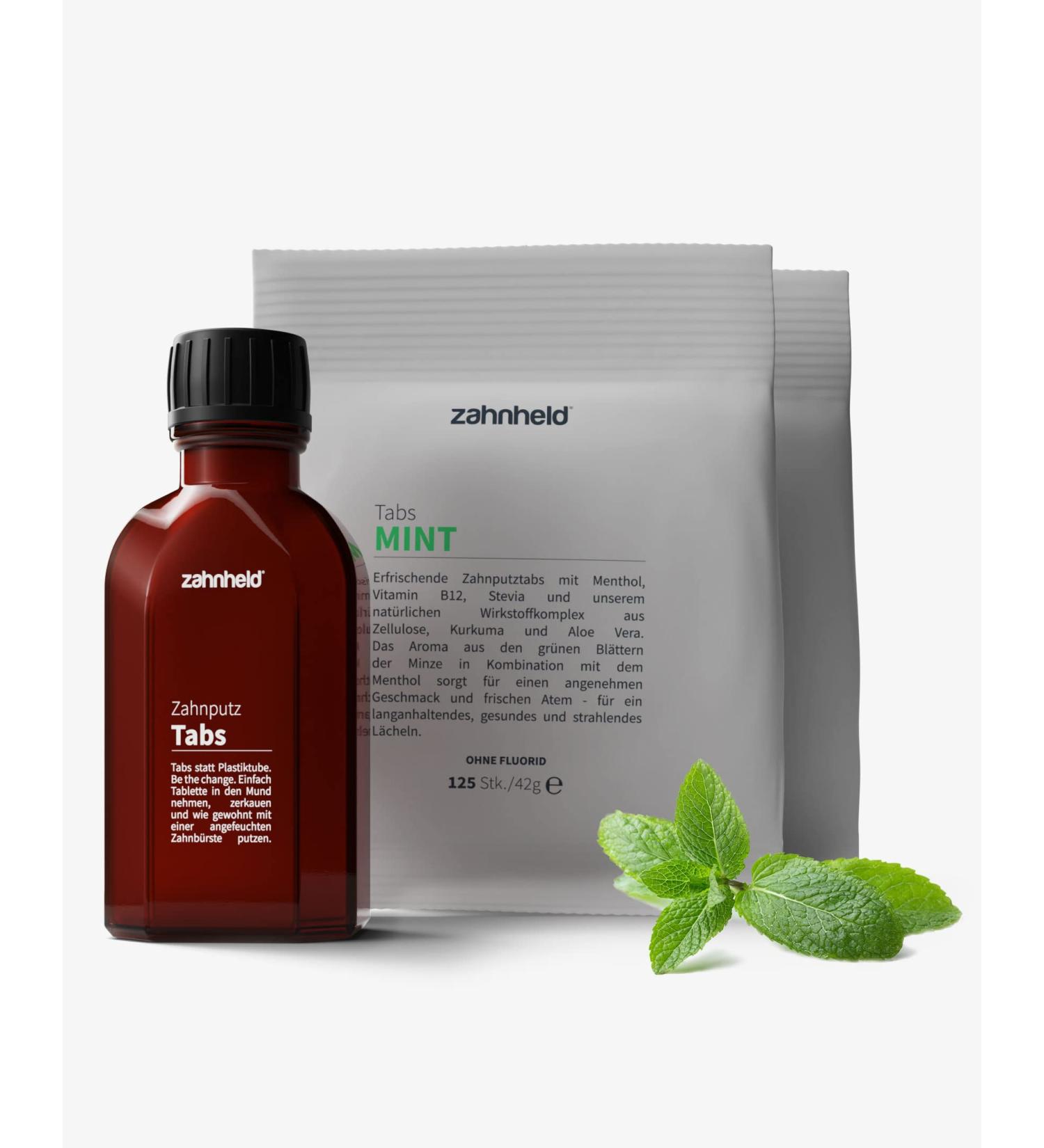Zahnheld Toothbrush Tablets Starter Set - Mint Fluoride-Free Vegan Natural Dental Care (2 Bags of 125 Tabs + Glass) for Plaque & Caries Protection - Buy Online on GoSupps.com