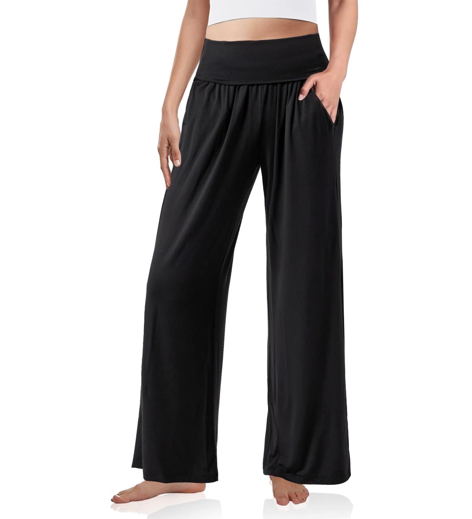 Womens High Waisted Palazzo Yoga Pants with Pockets - Black, Large - Buy Online on GoSupps.com