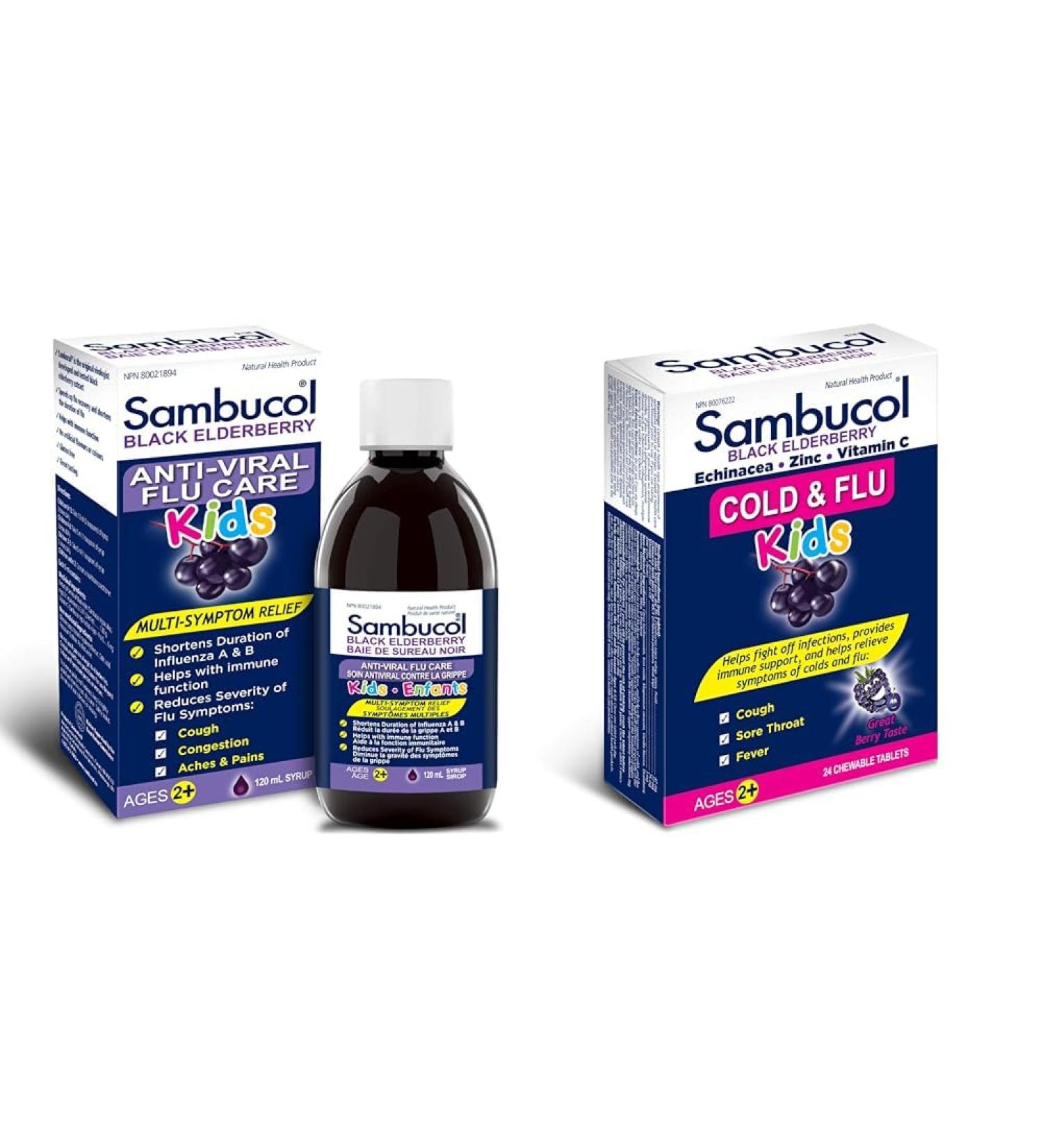 Sambucol Black Elderberry for Kids 120 Milliliter & Black Elderberry Cold & Flu Kids | Relieves Cold & Flu Symptoms | Immune Support & Antioxidant | Gluten Free | 24 Chewable Tablets blue SUPPLEMENT + MEDICATION - Buy Online on GoSupps.com