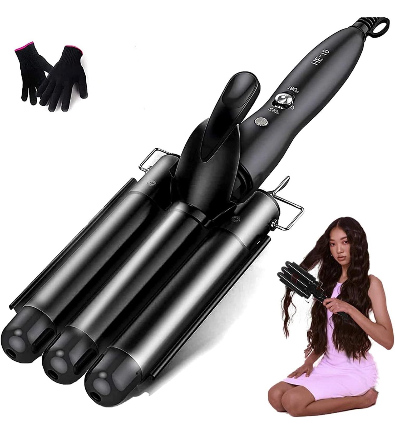 1 Inch Hair Waver Curling Iron Wand | Tourmaline Ceramic Triple Barrels Crimper for Mermaid Beach Waves | Black - Buy Online on GoSupps.com