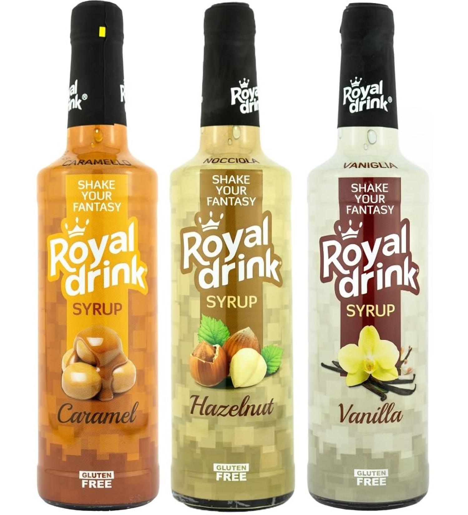 Royal Drink - Assortment of Syrup 3 Flavors (Caramel - Vanilla - Hazelnut) - 3 x 700ml | For Coffee and Cocktails | Gluten Free | Made in Italy - Buy Online on GoSupps.com