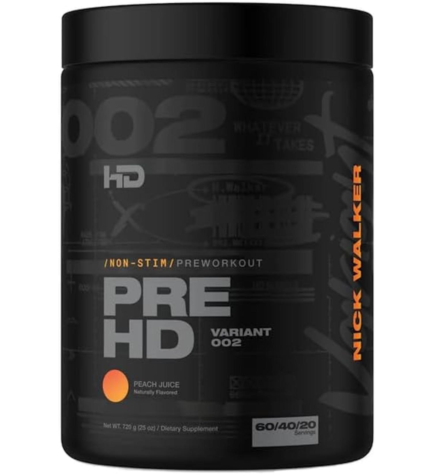 HD MUSCLE PreHD Variant 002 Non-Stim Pre Workout Powder | Nick Walker Signature Series | Stimulant Free PreWorkout | Caffeine-Free L-Citrulline Creapure Creatine Beta Alanine | 60 Servings (Peach Juice) - Buy Online on GoSupps.com