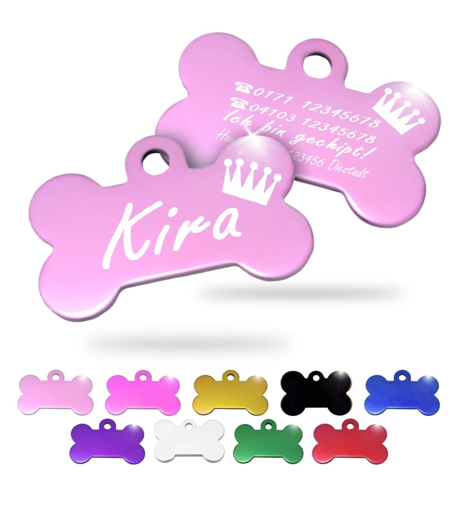 Personalized Bone-Shaped Pendants for Medium to Large Dogs & Cats | Ibera Gifts - Engraved Dog Collars & Name Tags in Pink Crown Design - Buy Online on GoSupps.com