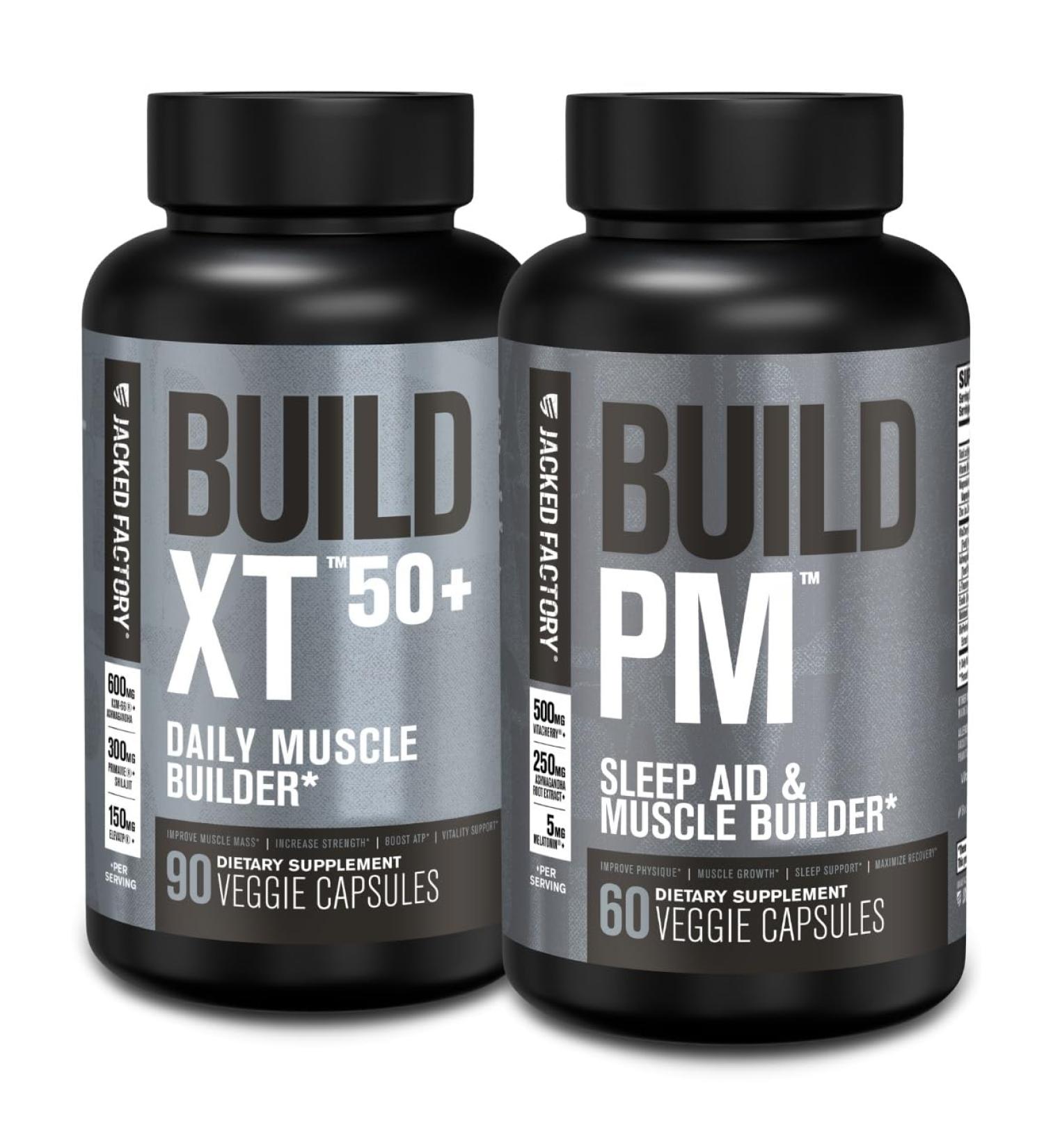Jacked Factory Build-XT 50+ Daily Muscle Builder (90 Capsules) & Build PM Night Time Muscle Builder & Sleep Aid (60 Capsules) for Muscle Growth Vitality & Recovery - Buy Online on GoSupps.com