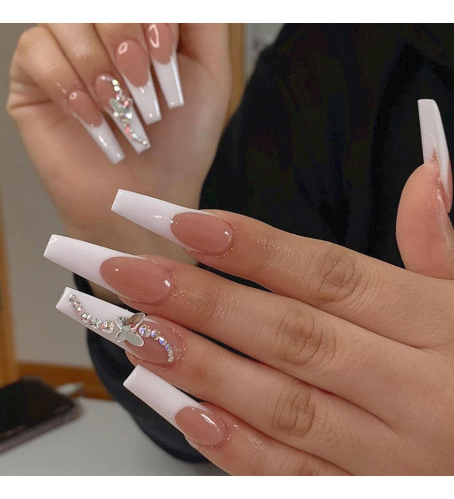 Maggidea Long Acrylic Stick on Nails - 24pcs Coffin Shaped Ballet French Design Fake Nails for Women/Girls - Butterfly Nail Tips - Buy Online on GoSupps.com