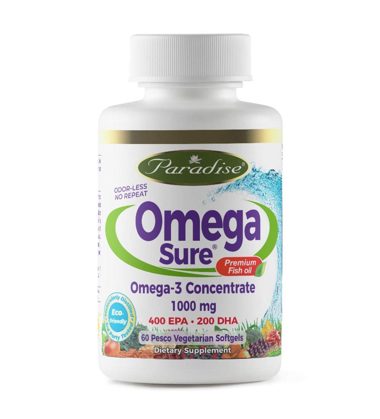 Paradise Herbs Omega Sure 1000mg Omega-3 Concentrate - 60 Vegetarian Softgels - Buy Online on GoSupps.com