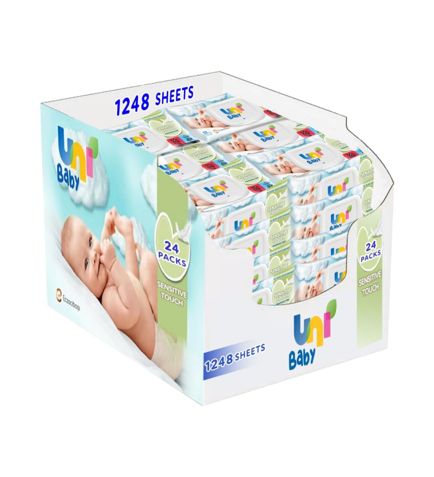 Uni Baby Wet Wipes - 100% Natural Dermatologically Tested 24 Pack of 52 Gentle Baby Towels for 0-6 Months Alcohol & Paraben Free - Buy Online on GoSupps.com
