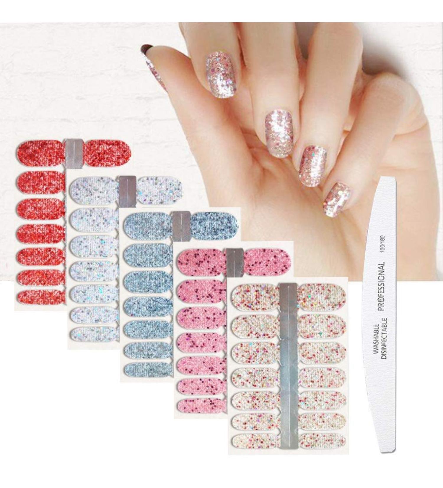 BornBeauty Glitter Nail Wraps - 5pcs Polish Decal Strips with Nail File - Adhesive Shine Nail Art Stickers Manicure Kit for Women and Girls - Buy Online on GoSupps.com