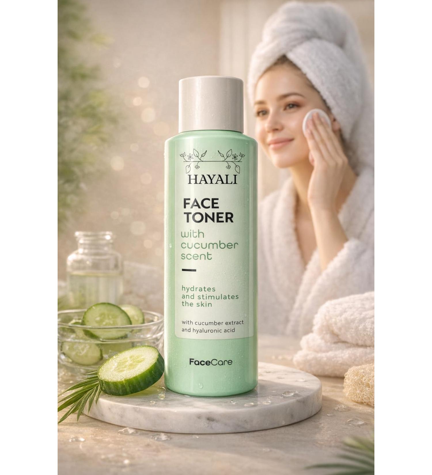 HAYALI HAYALI Cucumber-Scented Facial Toner hydrates and tones the skin with cucumber extract and hyaluronic acid 120 ml