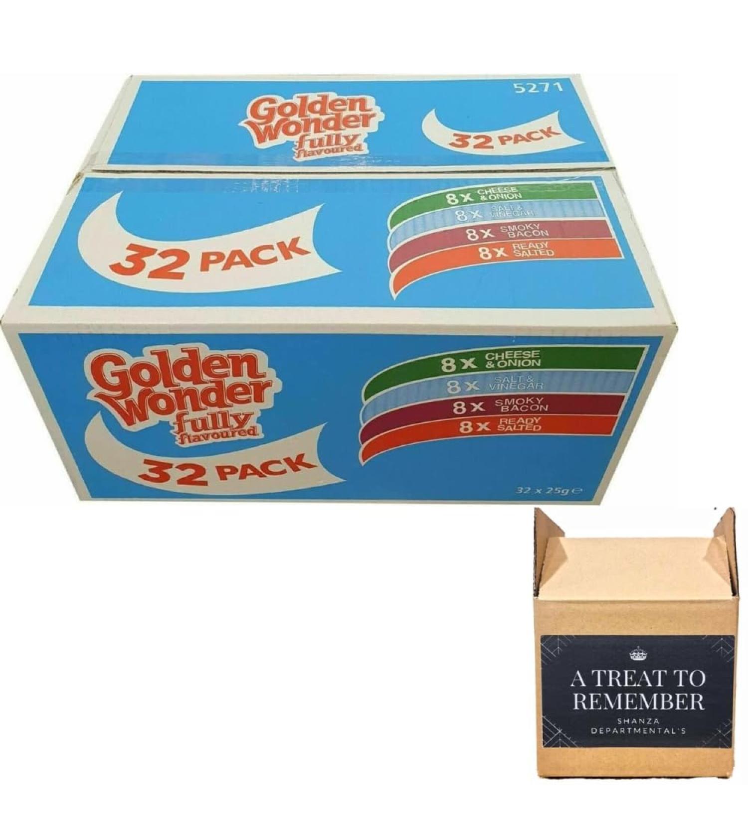 Golden Wonder Fully Flavoured Blue Box Cheese and Onion Salt and Vinegar Smoky Bacon Ready Salted 32x25g Golden Wonder Blue Box 32x25g