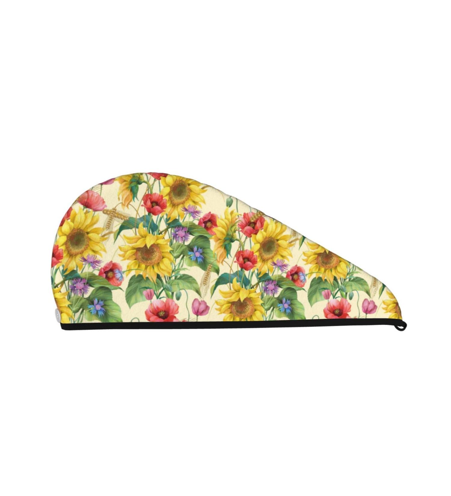 Hair Towel Wrap - Quick Drying Hair Turban with Button | Sunflower Cornflower Poppy Design - Buy Online on GoSupps.com
