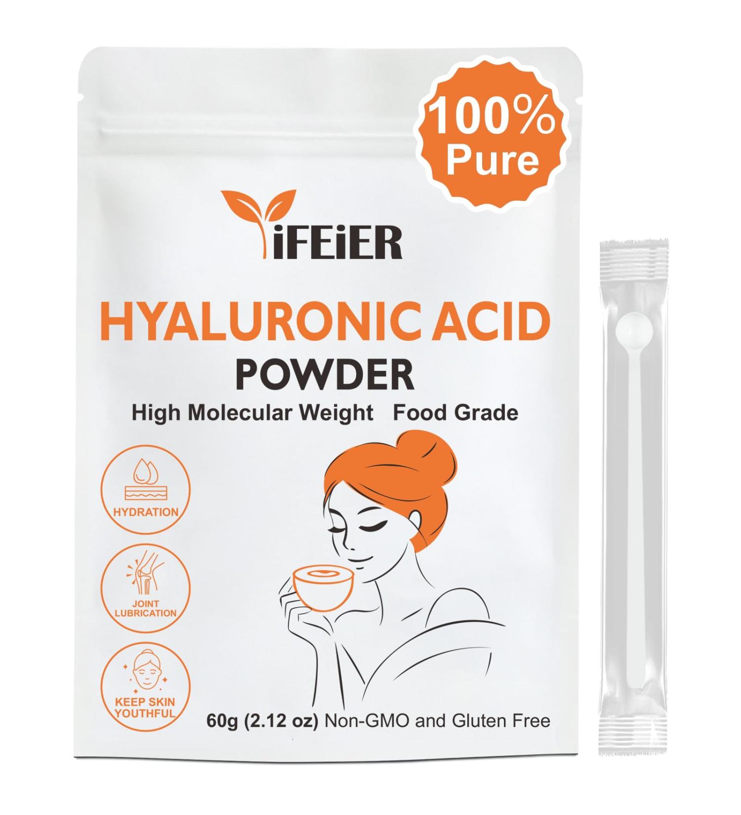 iFEiER Pure Hyaluronic Acid Powder | Food Grade Hyaluronic Acid Supplements | 60g(2.12oz) | HMW LMW High Molecular Weight Hyaluronic Acid Powder| Skin Hydration and Joint Lubrication - Buy Online on GoSupps.com
