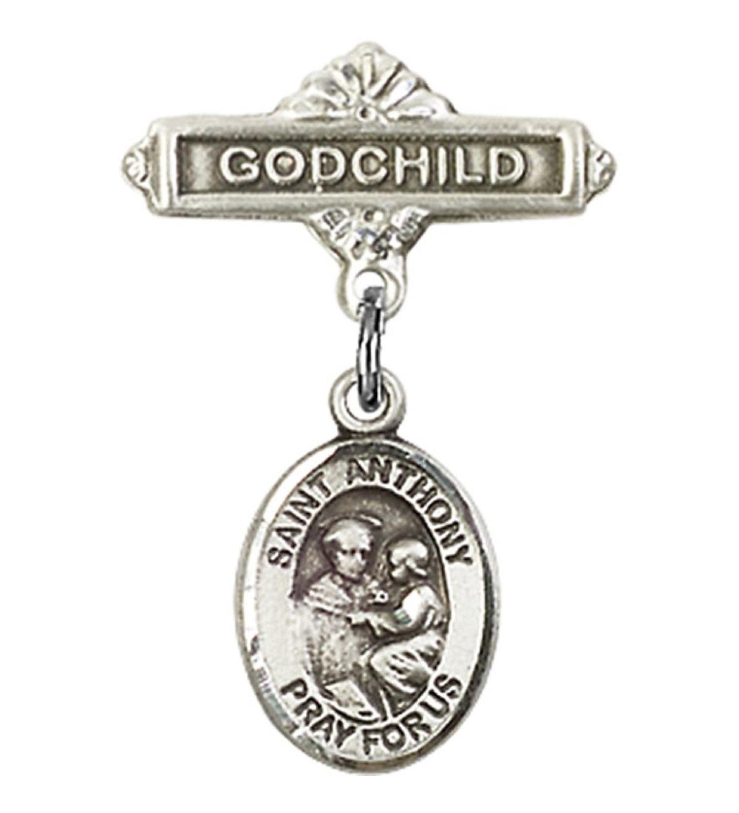 Sterling Silver Baby Badge with St. Anthony of Padua Charm and Godchild Badge Pin 1 X 5/8 inches